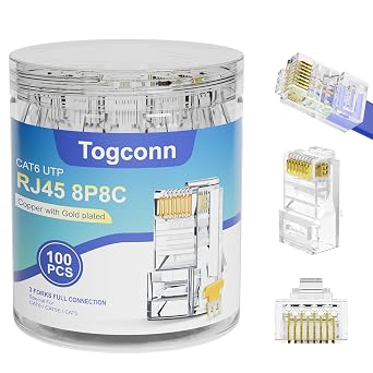 RJ45 Cat6 Connectors, 100-PACK Cat 6 Ends, Ethernet Cable Crimp Connectors, UTP, Network Plug for Solid Standard CAT6 /CAT5E /CAT5 Cable Wire, Transparent-100 Pack