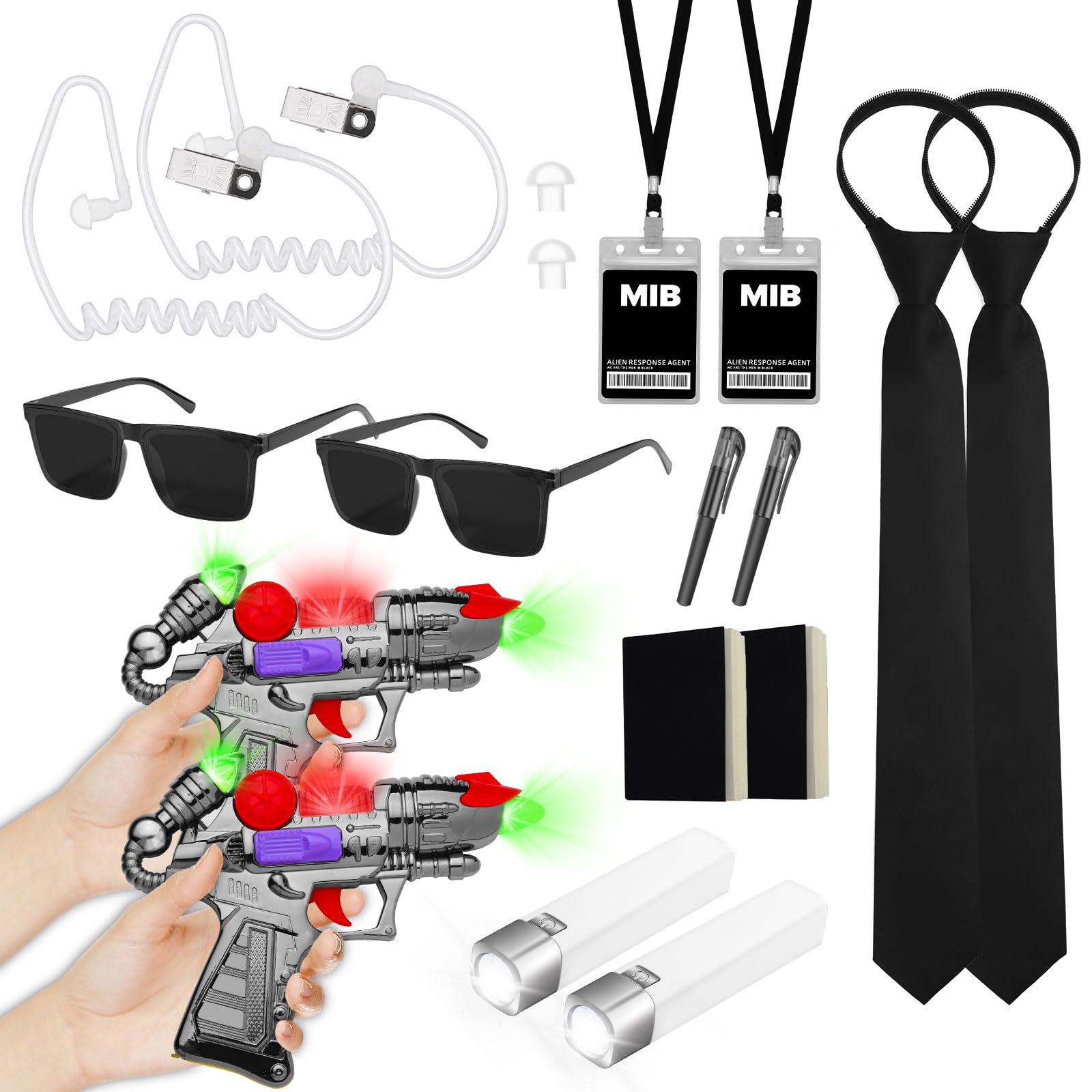 Agent Costume Accessories Set Sunglasses Black Tie ID Badge Earpiece Flashlight Mini Notebook Pen Laser Toy Gun Men-in-Black