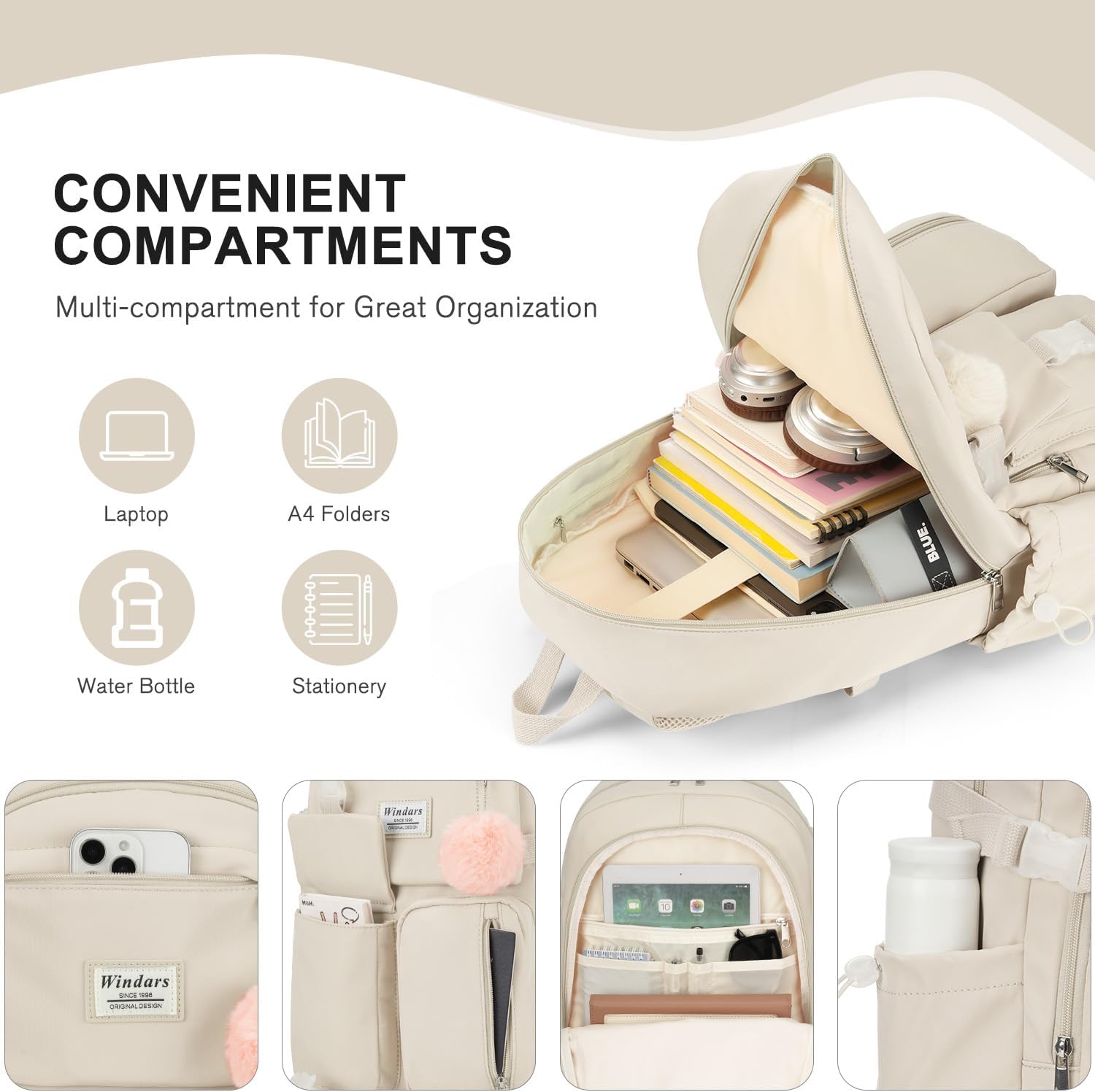 Backpack for Teen Girls, 15.6 Inch Laptop Backpack Cute Kids Bookbag for Middle School College Students, Large School Bag for Women (Beige) - Image 2