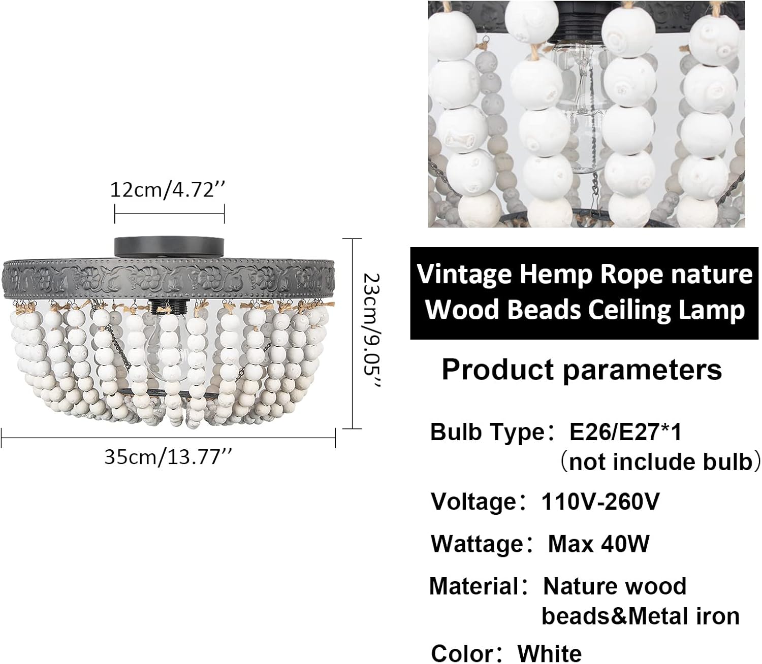 FIRVRE White Boho Beaded Chandeliers Flush Mount Ceiling Light Small Antique Farmhouse Chandelier Light Fixture for Bedroom Kitchen Dining Room Living Room Stairway Gazebo