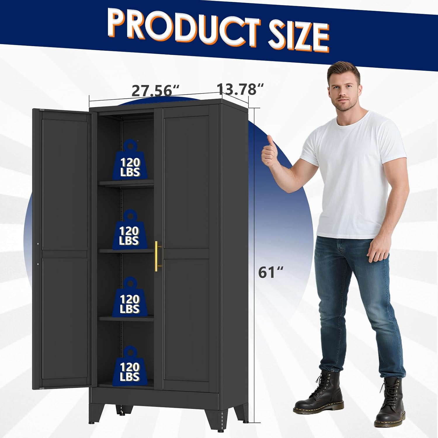 erosoei 61" H Metal Garage Storage Cabinet, Black Metal Pantry Cabinet with 3 Doors, Locker Steel Cabinet with 3 Adjustable Shelves, Freestanding Cupboard for Garage,Office,Home,Gym,School
