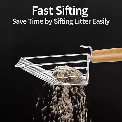 Miniatura 4 de UFECODO Cuchara de arena para gatos de tamizado rápido con soporte de soporte, pala de acero inoxidable con mango de madera ergonómico, resistente y