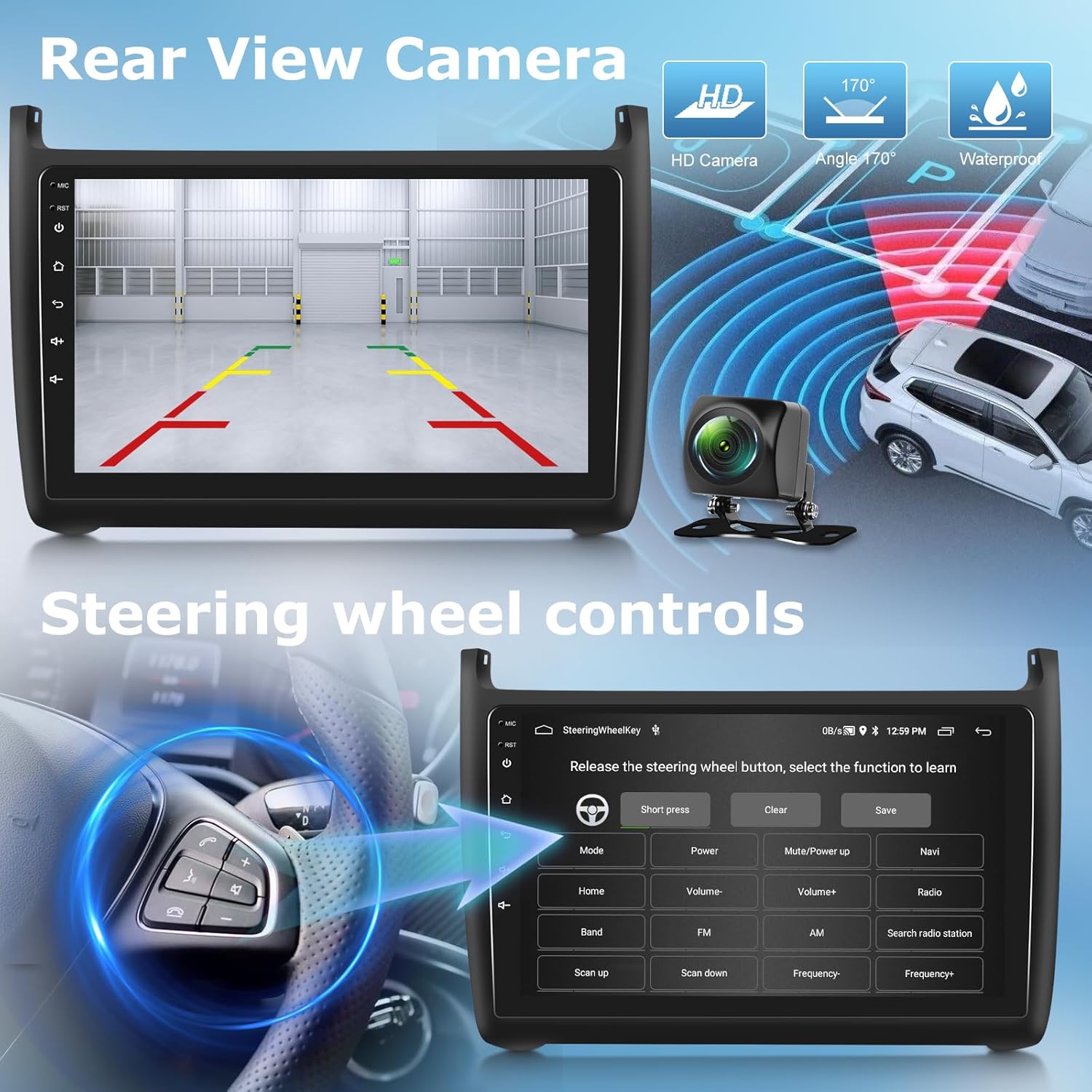 Rear view camera display on the car stereo screen with parking guidelines, and a separate image showing the steering wheel control learning interface.