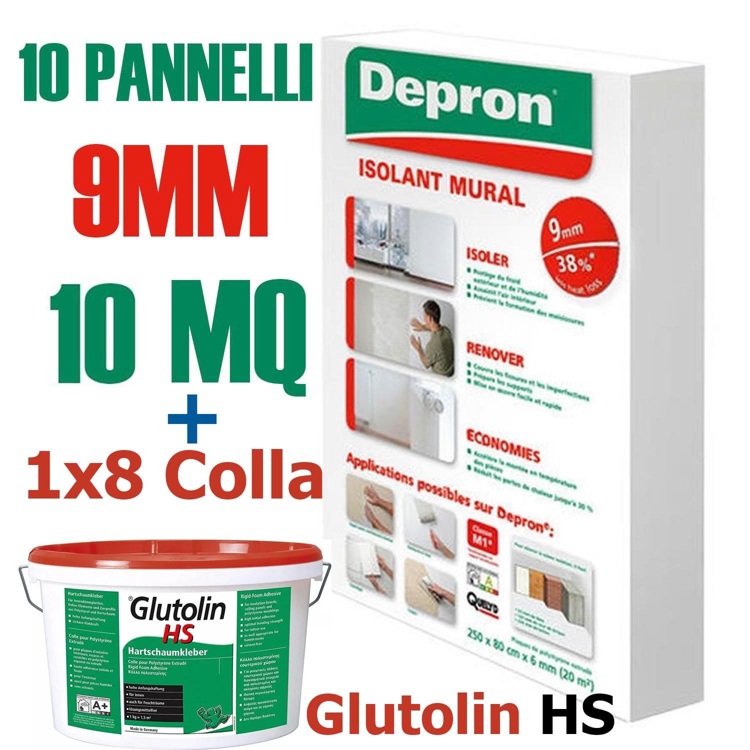 DEPRON Pannelli Isolanti 9 mm (125×80 cm) – Confezione 10 m² + Colla Glutolin 8 kg | Isolamento Termico e Acustico per Pareti e Soffitti | 1 paio di guanti in nitrile HYTAMA TOOLS