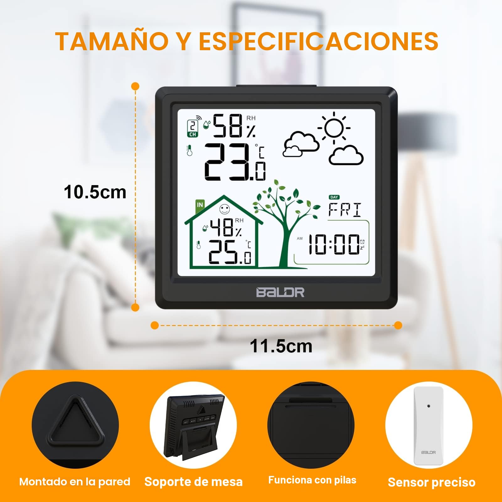 LEVIPE Estación Meteorológica Inalámbrica, Termómetro Higrómetro Barómetro Interior Exterior con Sensor LED Retroiluminación Pantalla Reloj Digital Alarma y Snooze Pantalla Hora Fecha Día Negro