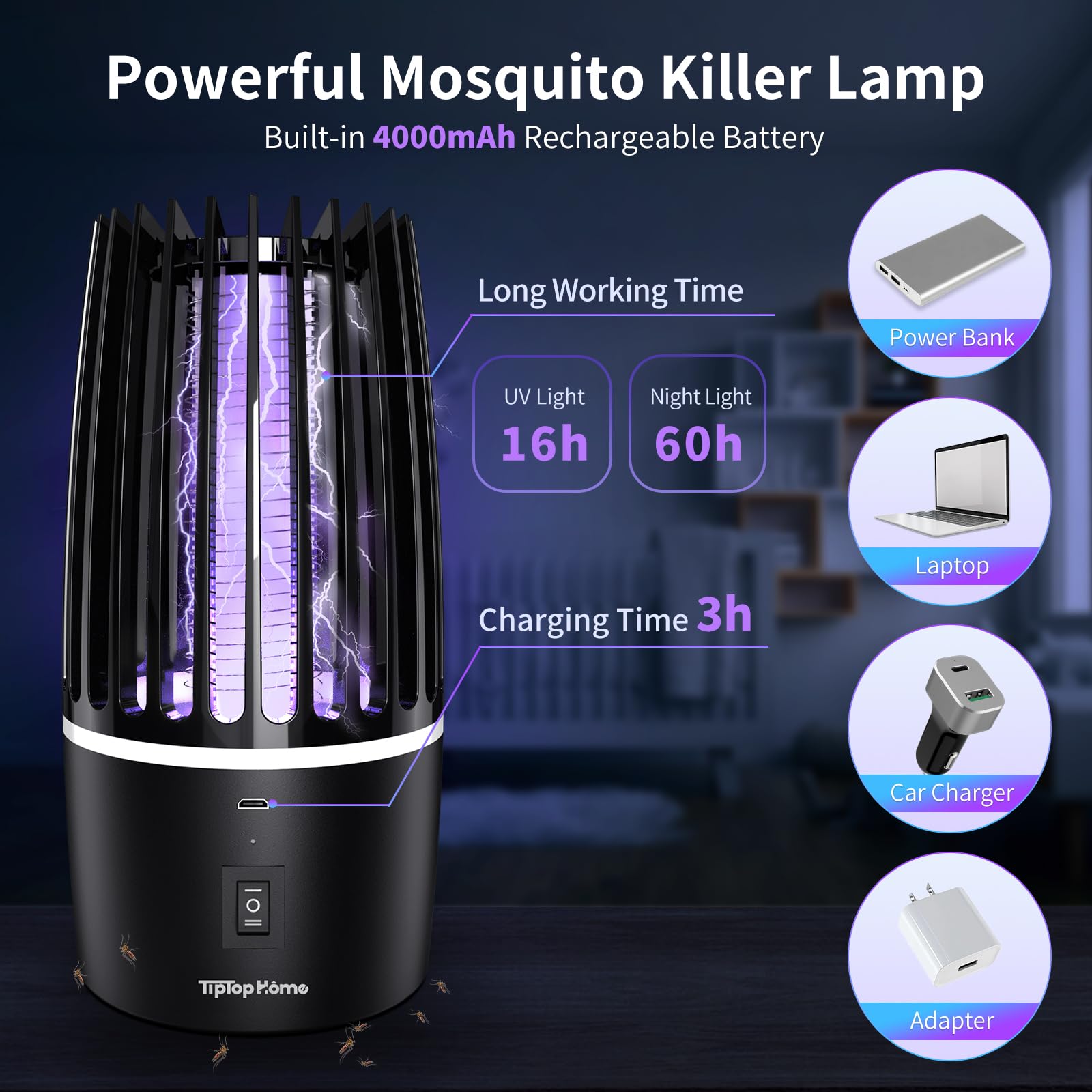 Lampe Anti Moustique, Lampe électrique Anti Insectes 4000mAh Rechargeable USB Piège à Mouche Insectes 360 ° UV Électrique Anti Moustique Veilleuse Intérieur Extérieur Veilleuse Puissant Attrayant