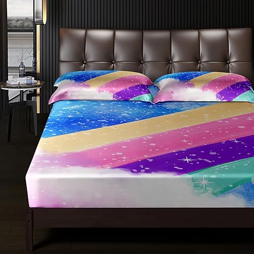 Miniatura 5 de Sábanas y fundas de almohada de microfibra suave arcoíris, sábana bajera ajustable con bolsillos profundos, sábana bajera ajustable para decoración