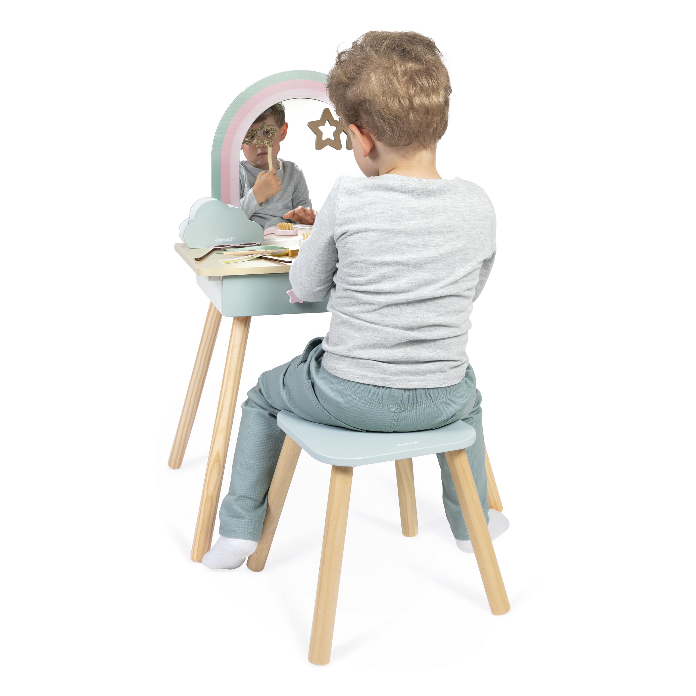 Janod Tocador Niña - Tema Unicornio - Imitación Juego - Tocador con Espejo y Taburete de Juguete - 10 Accesorios - Dim 56,6 x 42,5 x 86,25 cm - A Partir de 3 Años - J06464