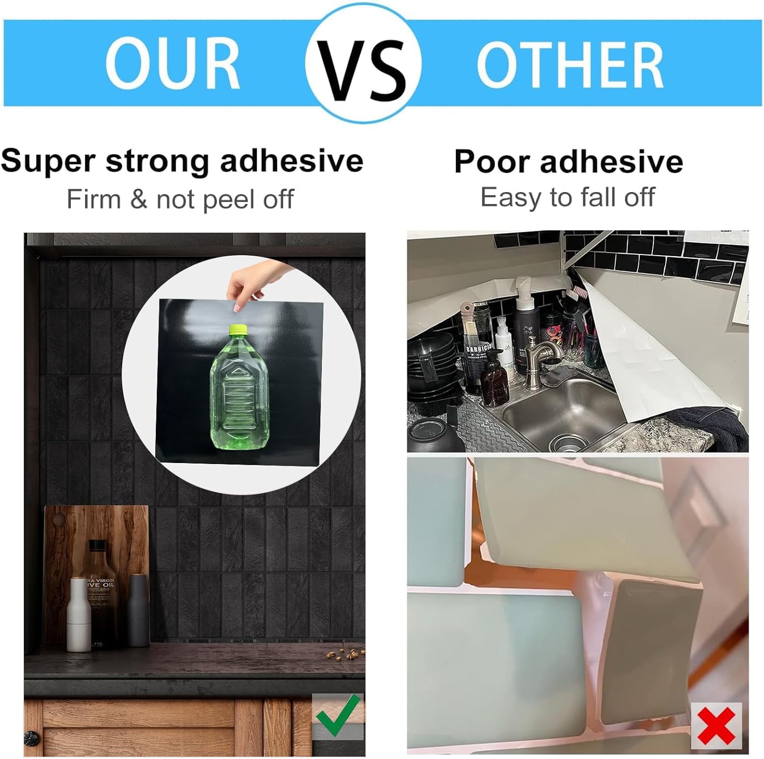 Peel and Stick Tile，New Upgrade Thicker Design Self Adhesive 12" x 12" Large Premium Peel and Stick Backsplash for Kitchen (Ash Black)