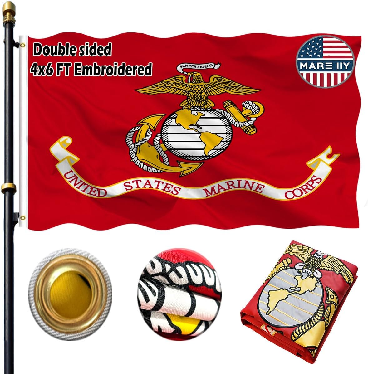 Embroidered Marine Corps Flag 4x6 Feet - Double Sided Double Needle Stitched Outdoor Heavy Duty Durable USMC Flag with Canvas Header/Brass Grommets for Indoor and Outdoor Decoration
