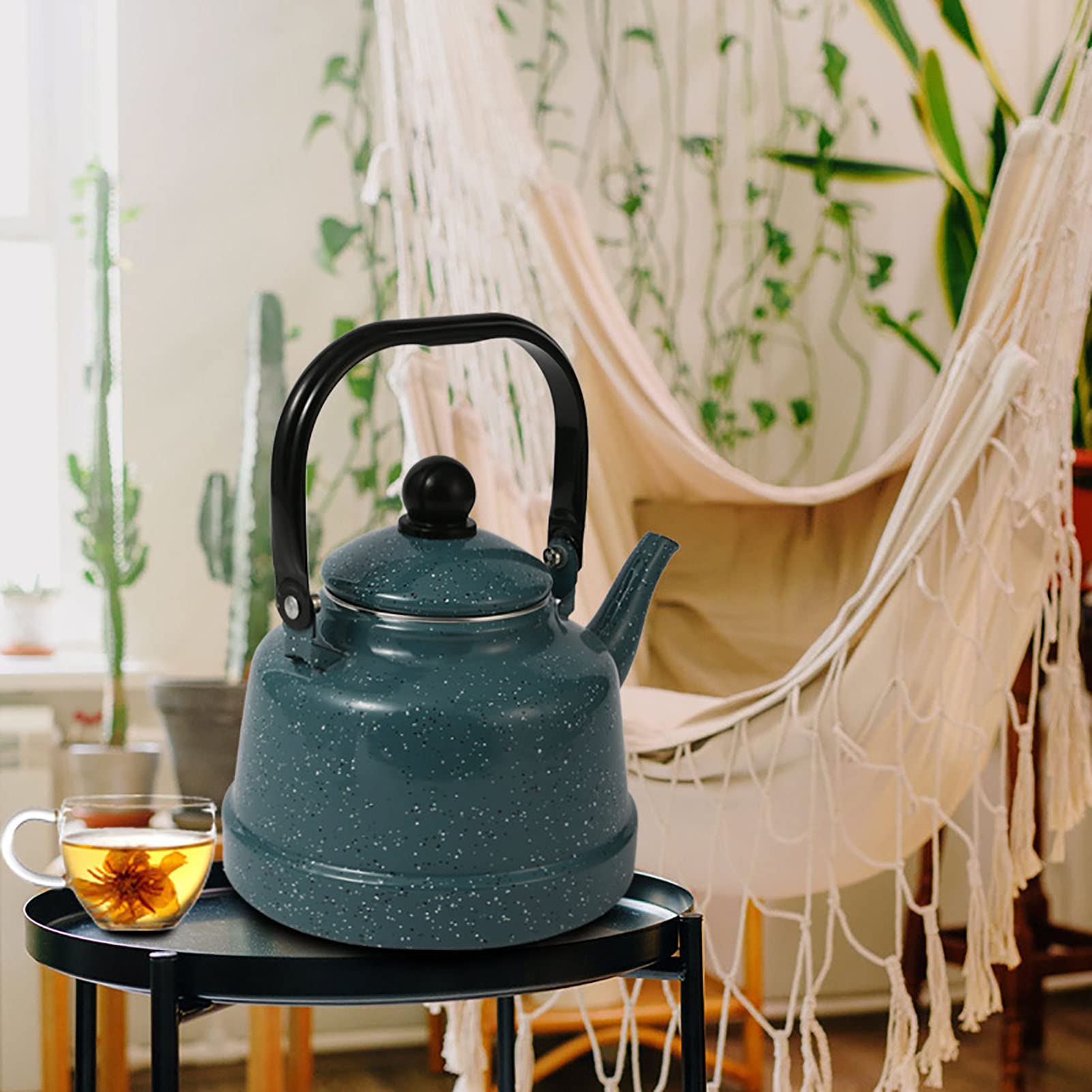 Wasserkessel Emaillierter 1. 1L Vintage Emaille Wasserkocher Teekessel Teekanne Kaffeekanne Emaillekessel mit Hitzebeständig Griff für Küche Zuhause Café Camping Gasherd,Grün