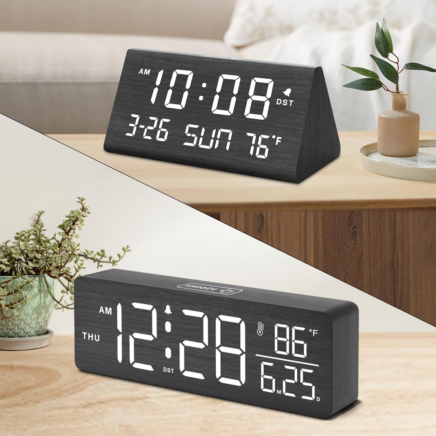 DreamSky Wooden Digital Alarm Clock with Date and Day of Week