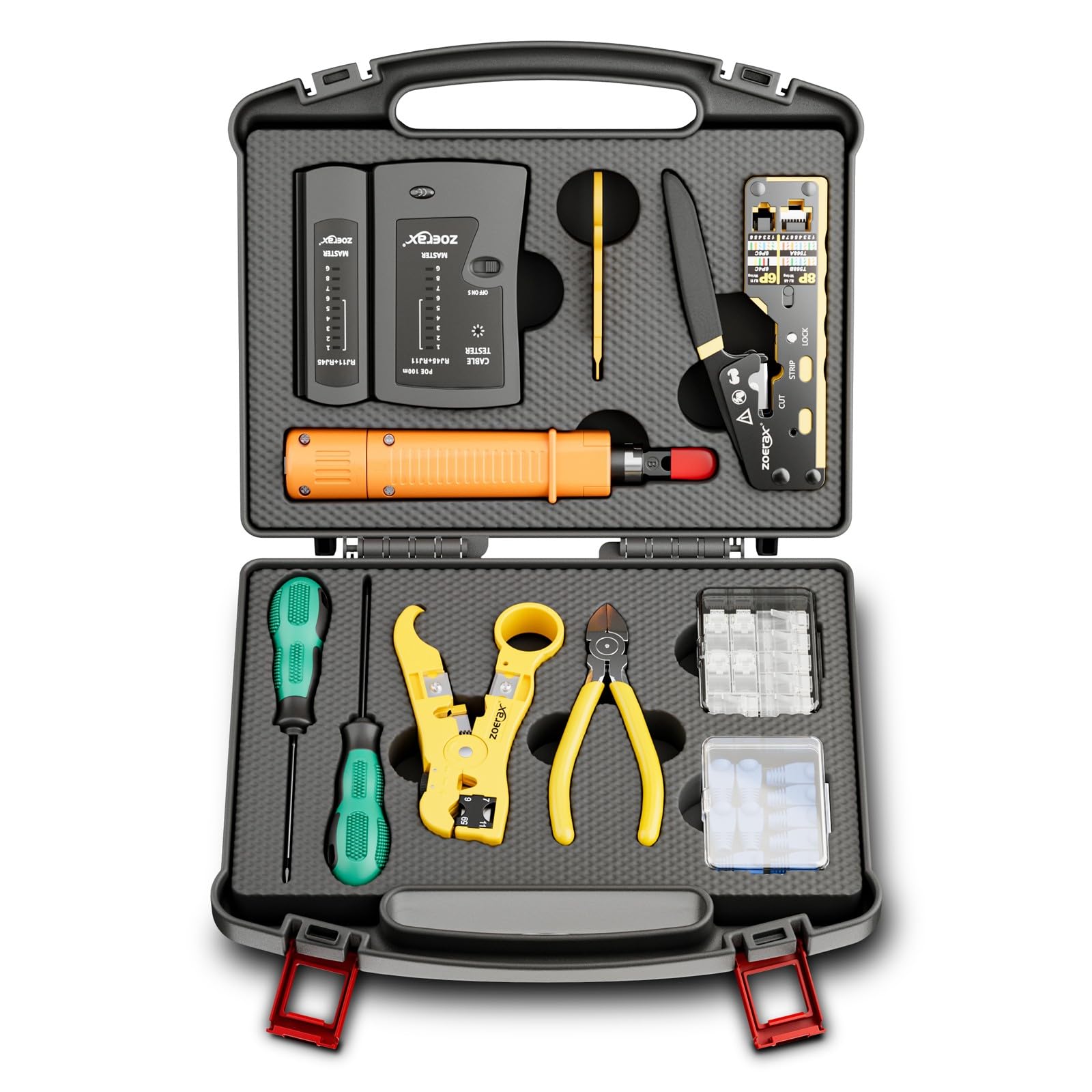 Kit d'outils réseau 11 en 1 professionnel RJ45 – Pince à sertir, testeur RJ45, outil de poinçonnage 110/88, dénudeur, cutter, connecteurs et bottes Cat6