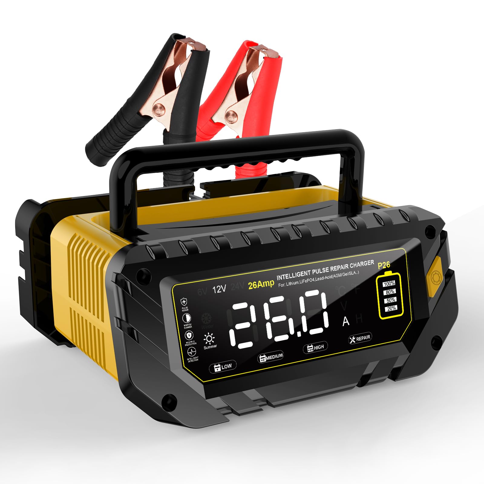 Haisito 26 A ładowarka do akumulatora samochodowego 6 V/12 V/24 V, wyświetlacz LCD, inteligentna ładowarka do akumulatora samochodowego, motocykla, przyczepy kempingowej, pojazdów rolniczych, AGM