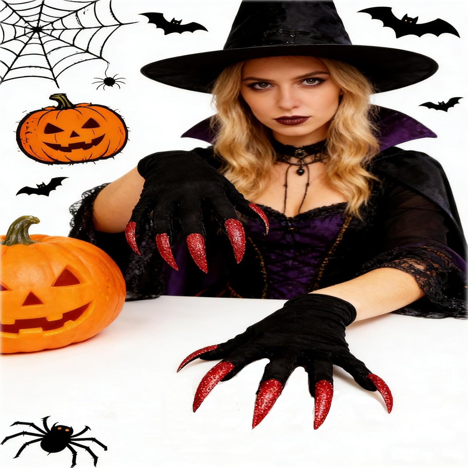Soochat Halloween Witch Gloves with Glitter Nails Paw Gloves Performance Props Cosplay Costume Accessories Halloween Party Dress up Supplies - Image 6