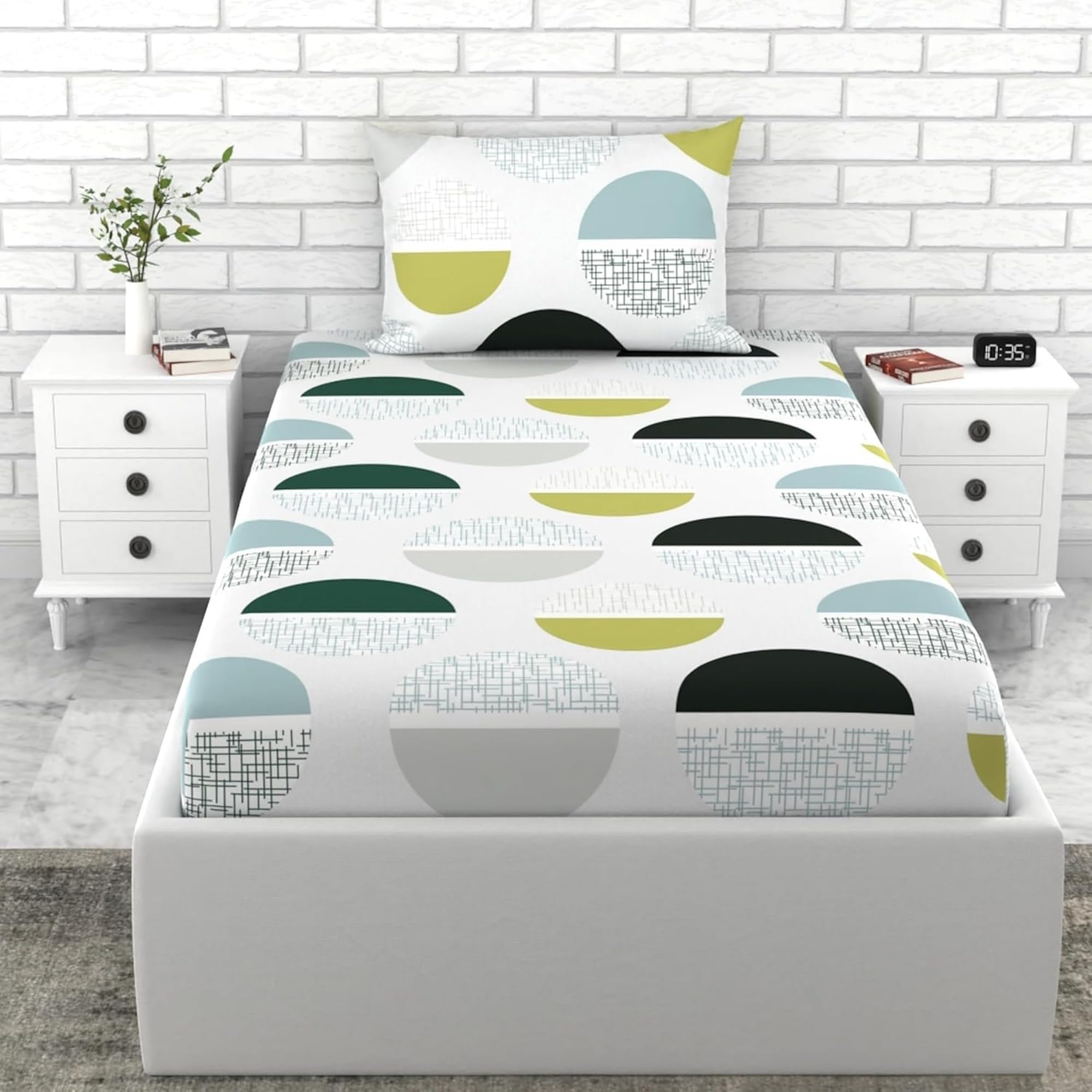 LORETO - A QUALITY LINEN BRAND 100% Cotton Bedsheet for Single Bed, 1 Single Bedsheet with 1 Pillow Cover | 144 TC Single Bedsheet Cotton, Hawaiian Blue and Pale Yellow Circle