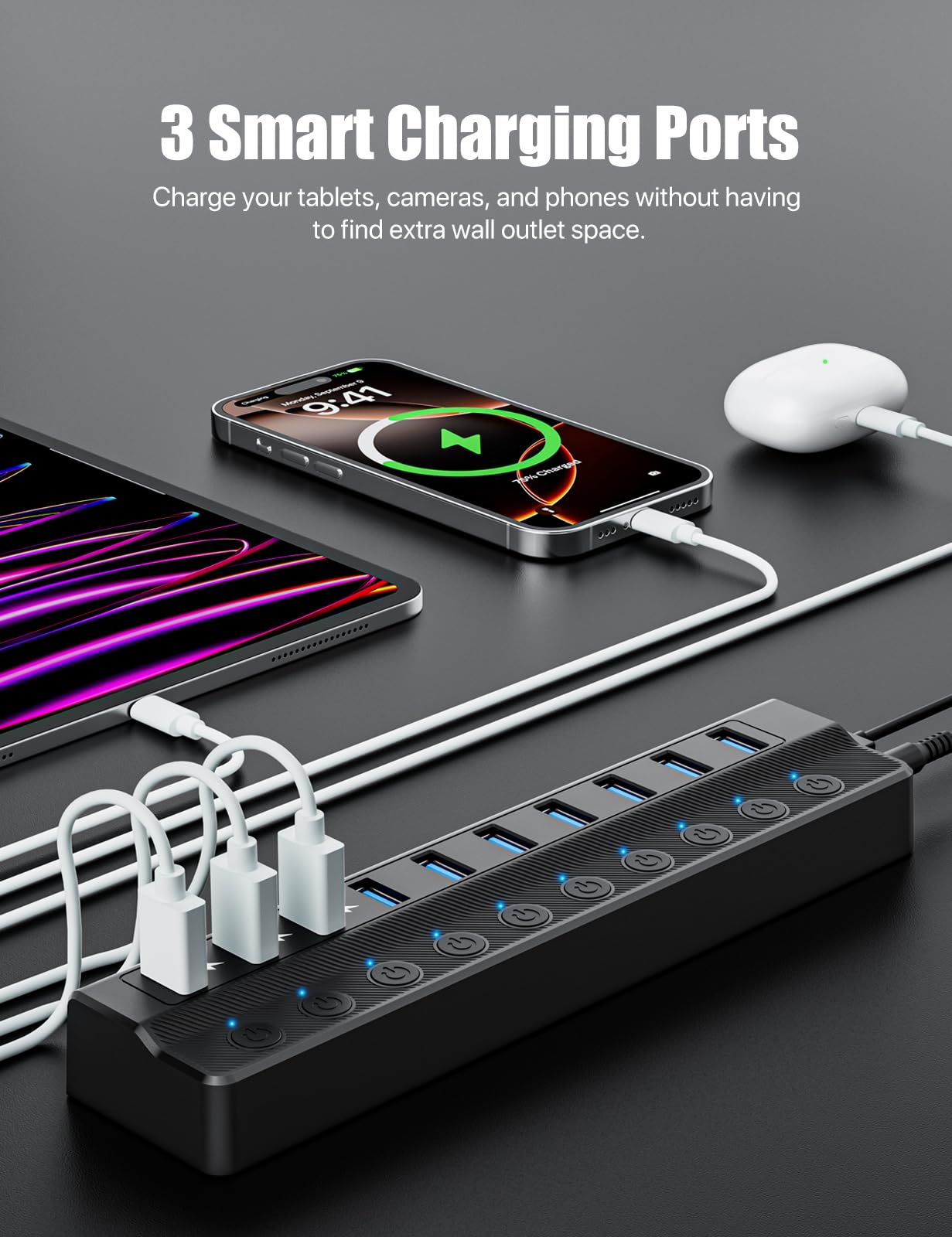 ONFINIO Hub USB alimenté par alimentation, hub répartiteur USB à 10 ports (7 ports de transfert de données plus rapides + 3 ports de charge intelligents) avec interrupteurs LED