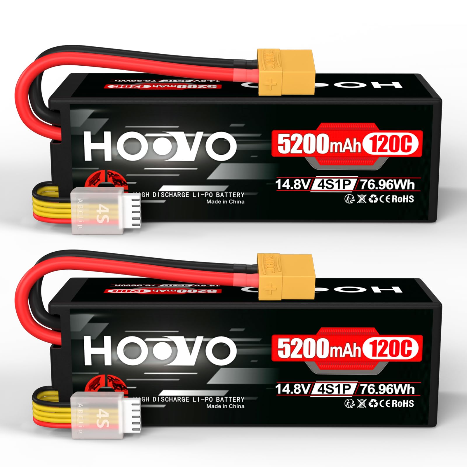HOOVO 4S Lipo Battery 14.8V 5200mAh 120C RC Battery Hard Case with XT90 Plug for RC Car Buggy Helicopter Airplane Boat Quadcopter 1/8 and 1/10 RC Car Models Hobby (2 packs)