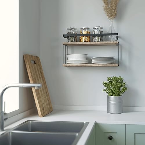 Miniatura 6 de RICHER HOUSE Estantes flotantes de doble nivel, estante de madera rústica montado en la pared, estante de almacenamiento de papel higiénico para