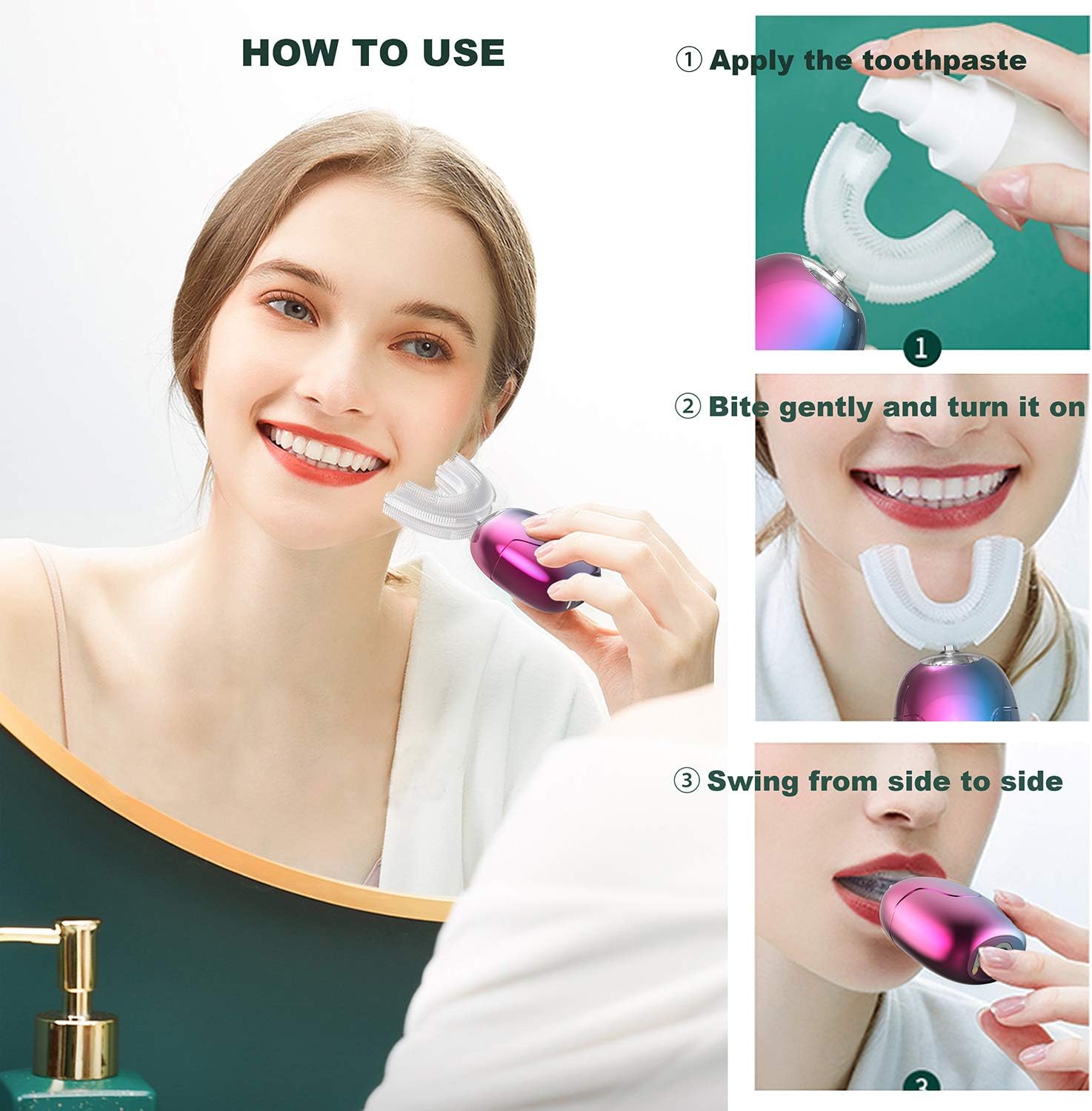 Sunartec Original U Shaped Mystery Electric Toothbrushes 360° Sonic Toothbrush for Adults Whole Mouth Cold-Light Teeth Whitening Kits with Gel for Adults IPX7 Body Watertight(Gradient Color) : Beauty & Personal Care