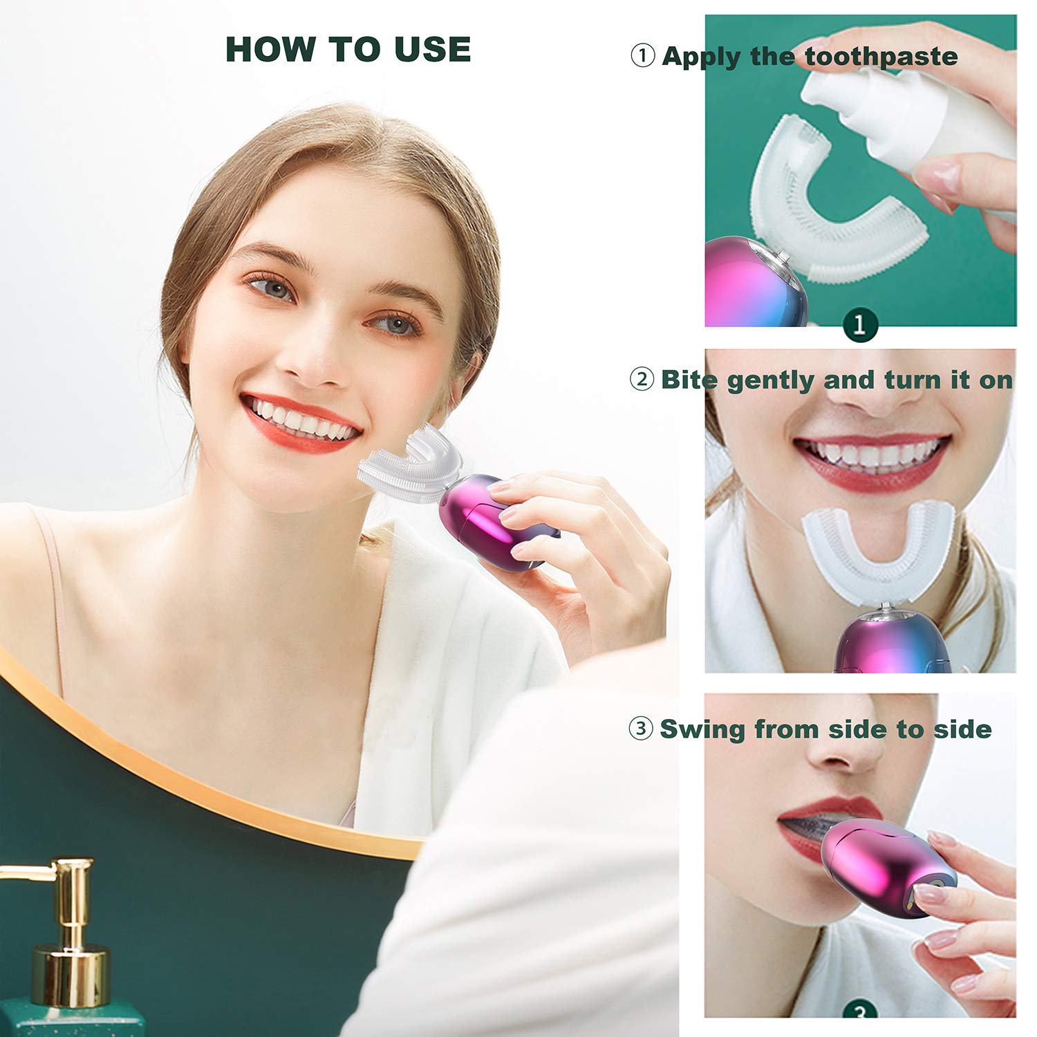 Sunartec Original Sani White Toothbrush U Shaped Toothbrushes 360° Sonic Toothbrush for 12yd+ Adults Whole Mouth Cold-Light Teeth Whitening Kits with Gel IPX7 Body Watertight(Gradient Color)