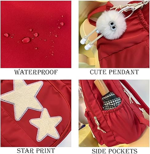 Vista 5 de Y2K - Mochila escolar con bonitos accesorios para niños, con diseño de estrellas y peluches, mochila para libros de 10 a 12 días, Rojo -, Mediana