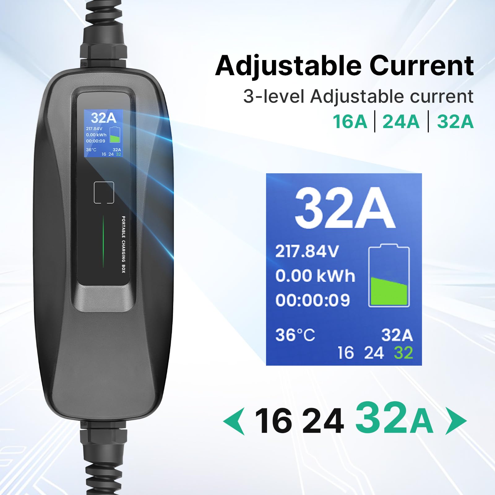 Ładowarka samochodowa typu 2, 7,2 kW z przełączanym prądem 16/24/32 A, kabel do ładowania samochodu elektrycznego, wodoszczelność IP66, mobilna stacja ładująca do EV PHEV