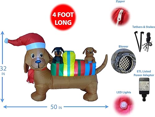 Miniatura 2 de Cachorros inflables de Navidad de 4 pies de largo iluminados con cajas de regalo multicolor, luces LED para exteriores, interiores, vacaciones,