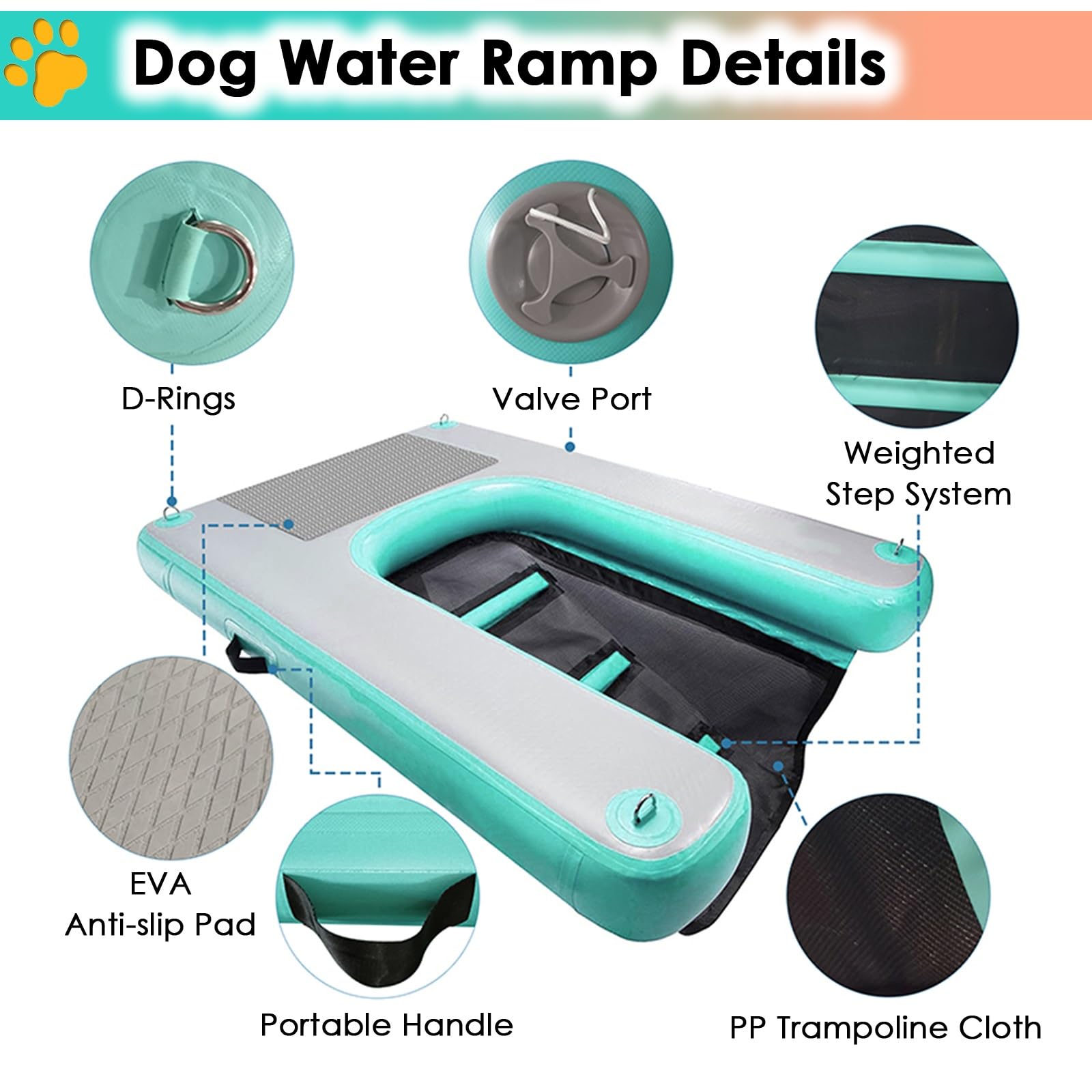 caletta per cani da barca Rampa antiscivolo per piscina per cani per cani fino a 60 kg, pieghevole rampa per barca per cani/ gonfiabile piattaforma di attracco per lago/fiume/ spiaggia/ mare, con pomp
