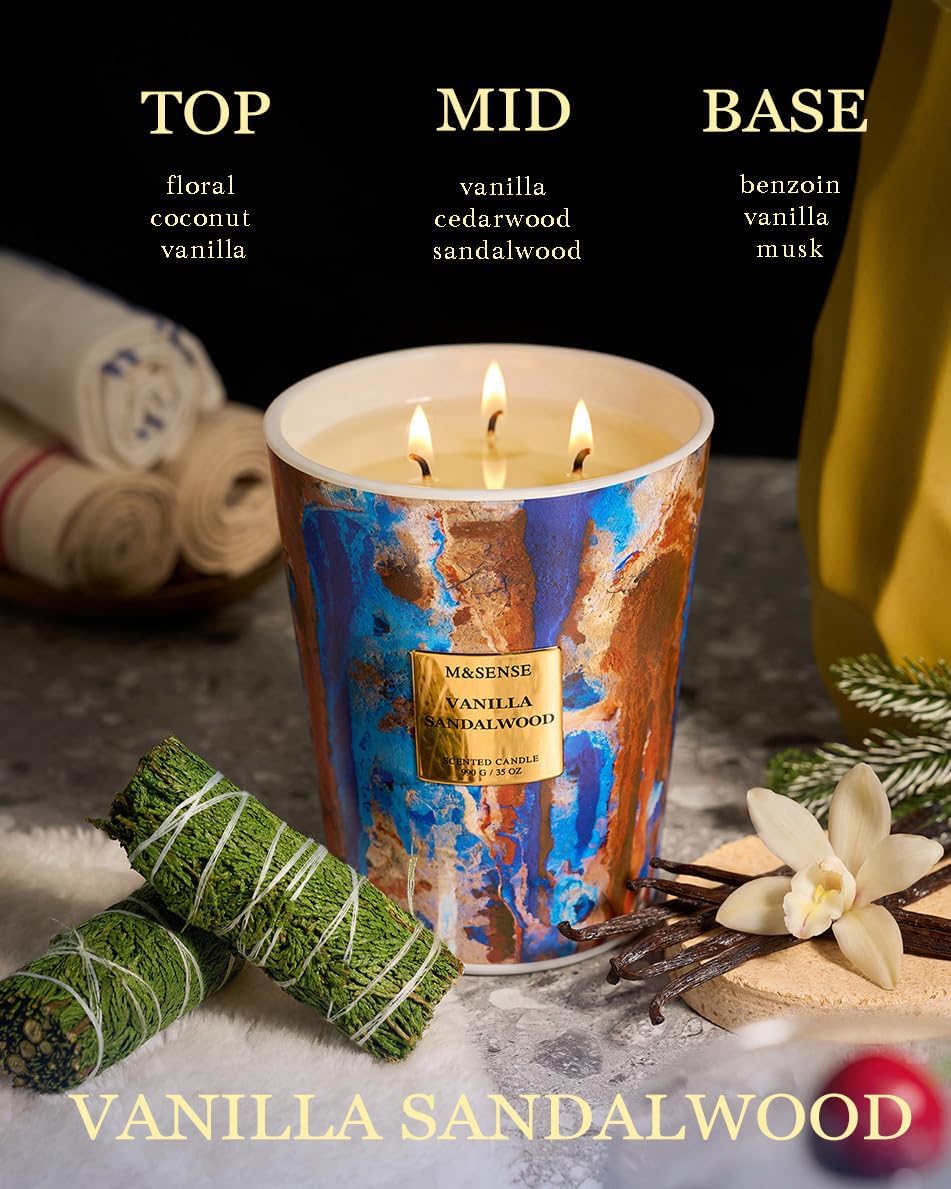 M&SENSE Large Soy Vanilla Sandalwood Scented Candle, 35oz 150 Hours 3-Wick Non-Toxic Candles, Warm Cozy Housewarming Gift, Mothers Day Decor for Home Relaxation