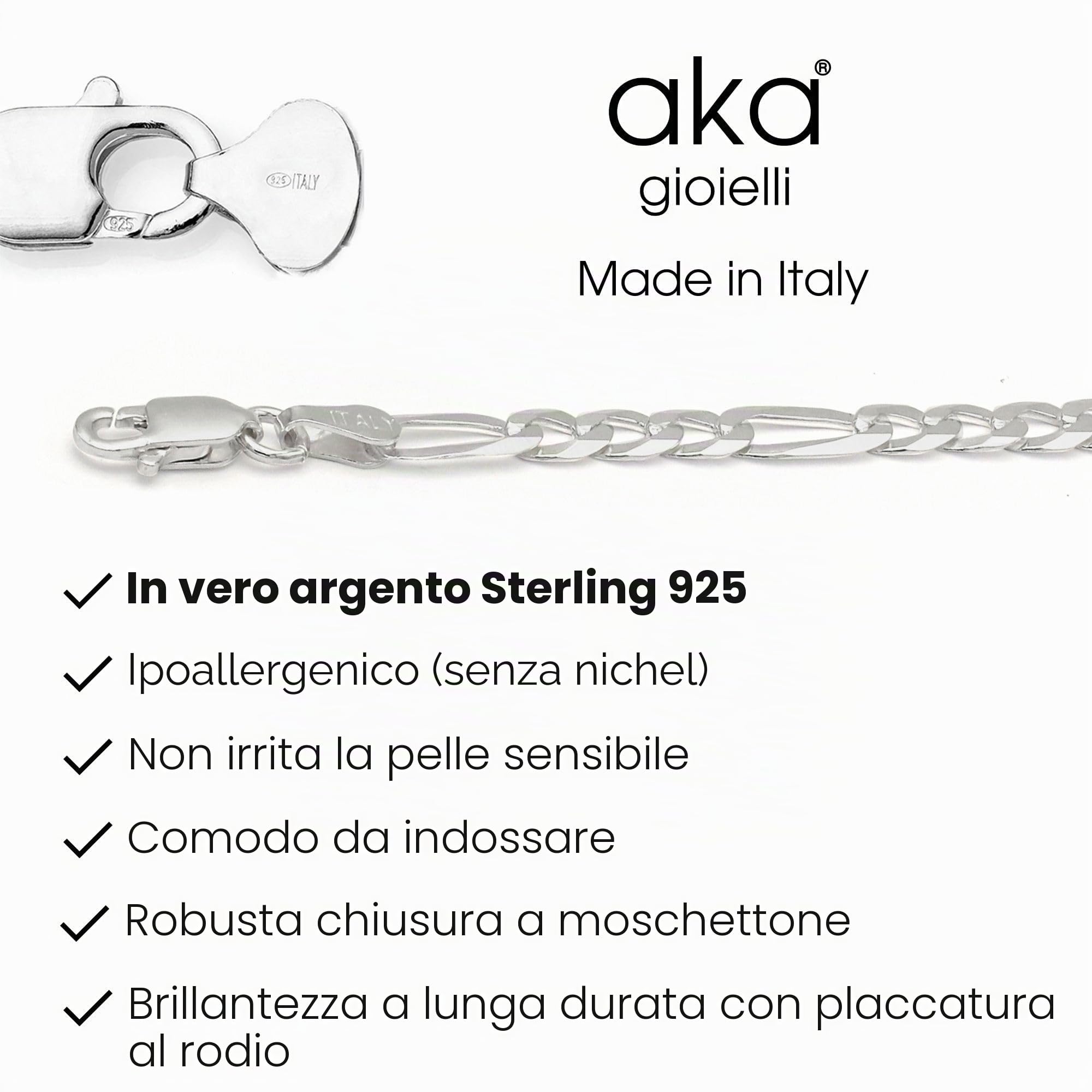 Aka Gioielli - Catena Maglia Figaro 4.4mm in Argento Sterling 925 Rodiato - Collana Uomo Donna Lunghezza: 45 50 55 60 65 70 75 cm