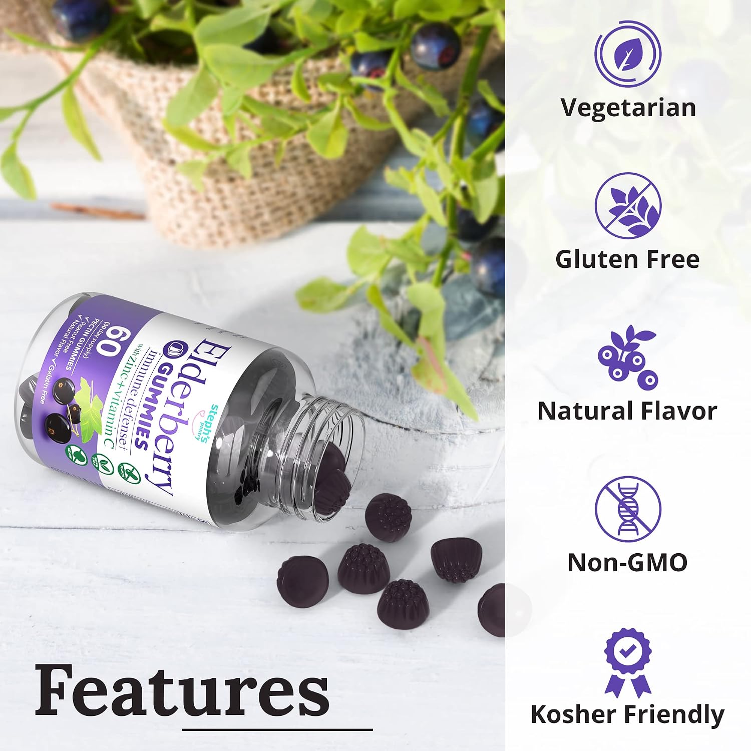 Elderberry Gummies With Zinc And Vitamin C For Adults Teens Kids Immune Support Gummies (High Potency) Immunity Pectin Gomitas De Sauco Para Niños Adultas Adultos Para El Sistema (2 Pack )