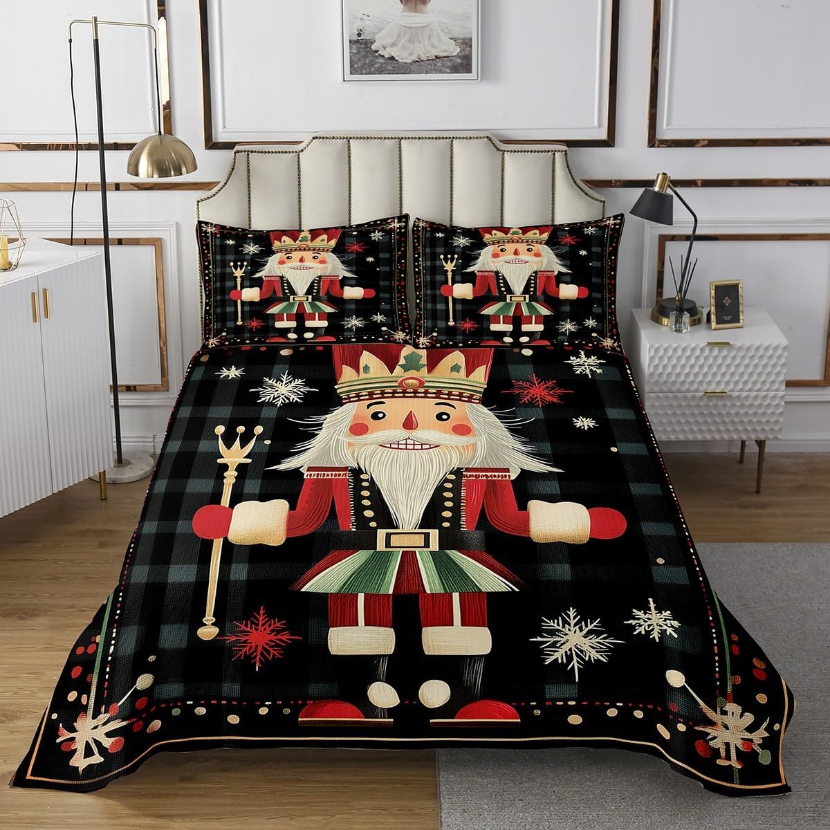 Erosebridal Christmas Nutcracker Bedspread Set, Cute Antique Victorian Damask Coverlet Set Queen Cartoon Soldier Royal Guarder Quilted, Kawaii Pink Christmas Ornaments Decor