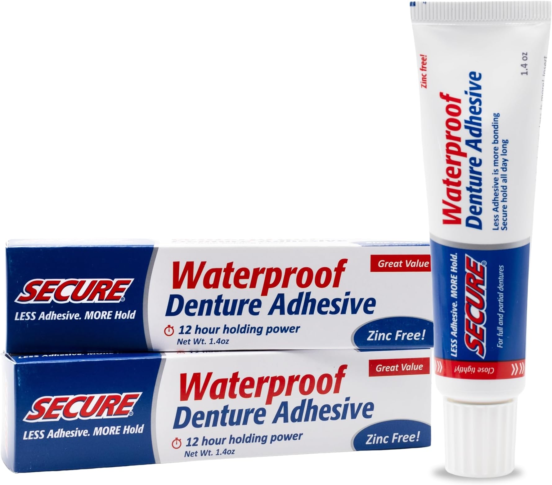 Secure Waterproof Denture Adhesive - Zinc Free - Extra Strong Hold For Upper, Lower or Partials - 1.4 oz (Pack of 2)