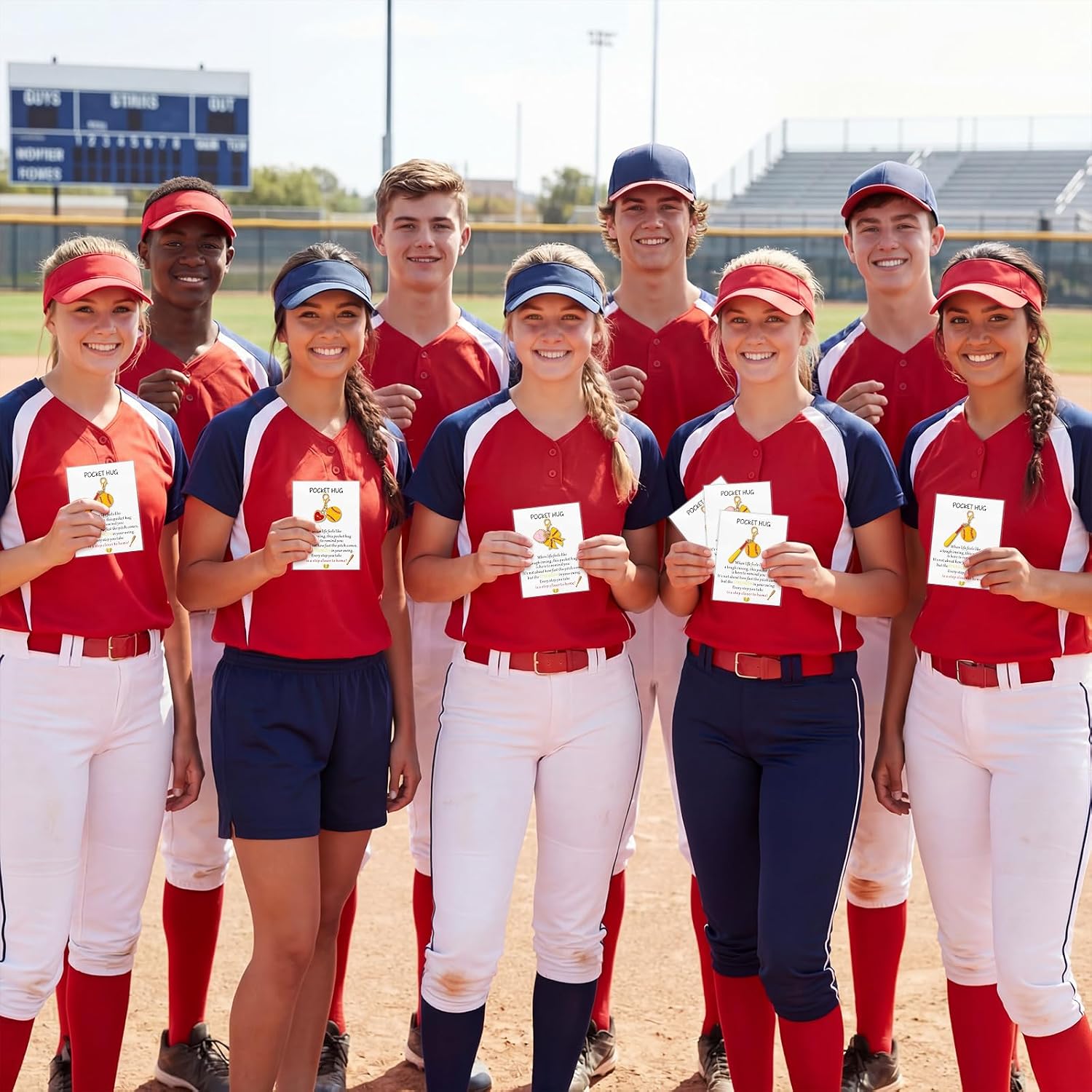 Konohan 24 Sets Softball Party Favors Gifts for Team Softball Keychains Bulk Sports Pocket Hug with Greeting Cards and Bags for Mothers Day Friends Family Coworkers