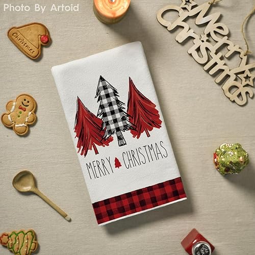 Miniatura 4 de Artoid Mode Juego de 2 paños de cocina y paños de cocina y paños de cocina con diseño de árboles de camión negro y rojo, Feliz Navidad, 18 x 26