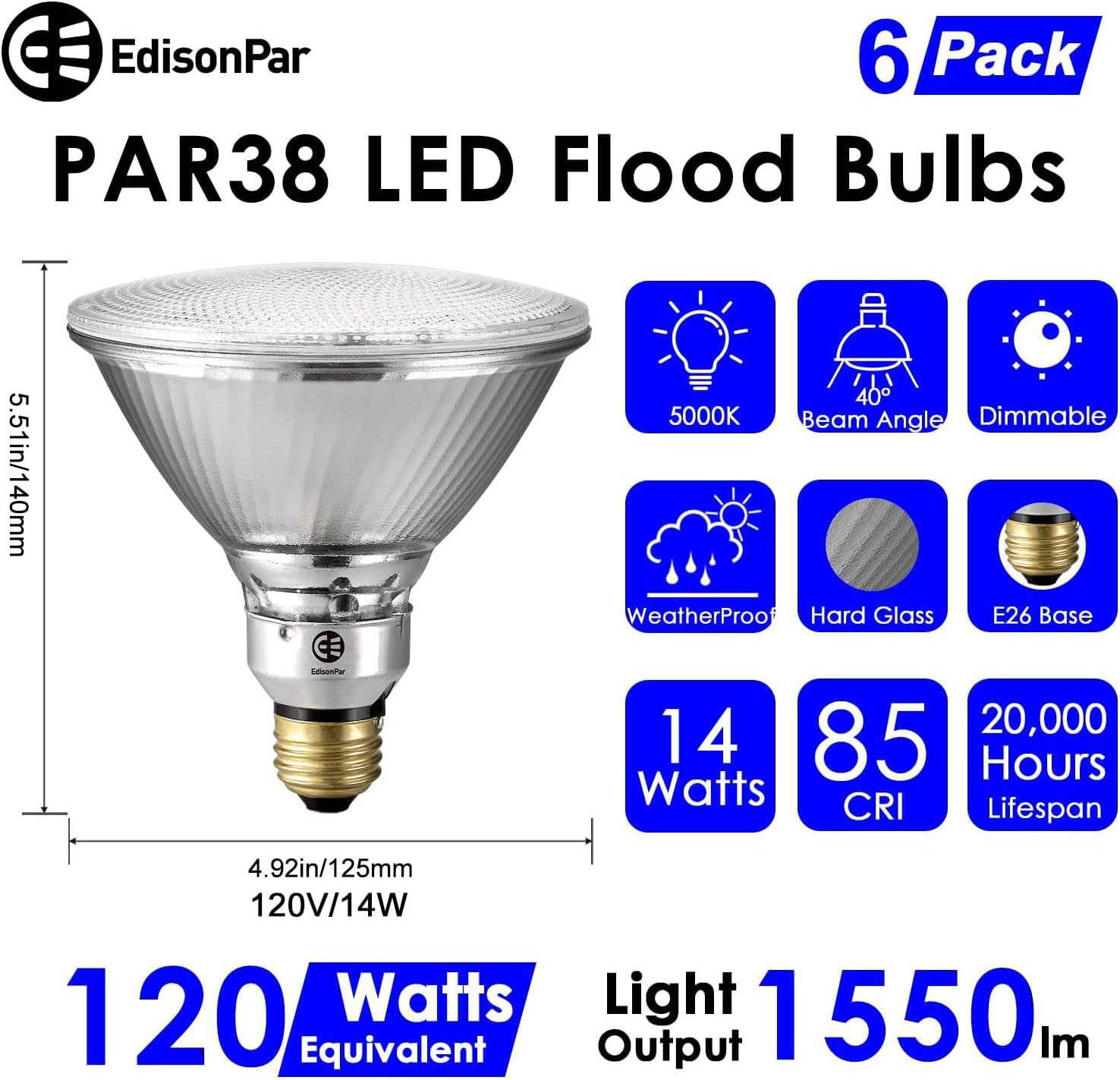 PAR38 Glass Commercial Grade LED Light Bulb, 14W=120W Equivalent 1550 Lumens 20000 Hours Classic Flood Light Bulbs, Dimmable Daylight 5000K Light 40Degree Beam Angle T20/CEC Listed, 6-Pack image 3