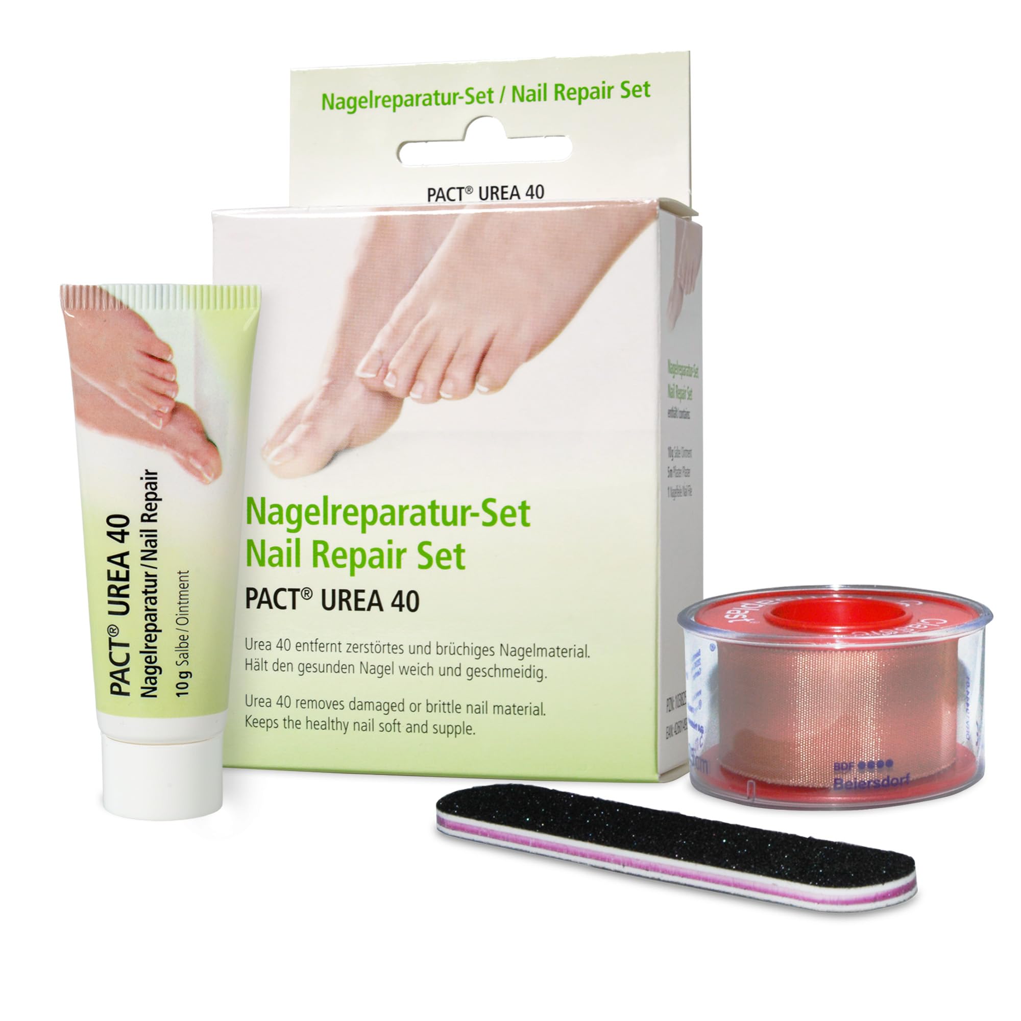 PACT Urea 40 réparation des ongles | en cas de mycose des ongles | kit mycose des ongles | | 40 % d'urée - Ruban adhésif de 5 m - Lime à ongles - Traitement de 2 à 3 semaines - Fabriqué en Allemagne