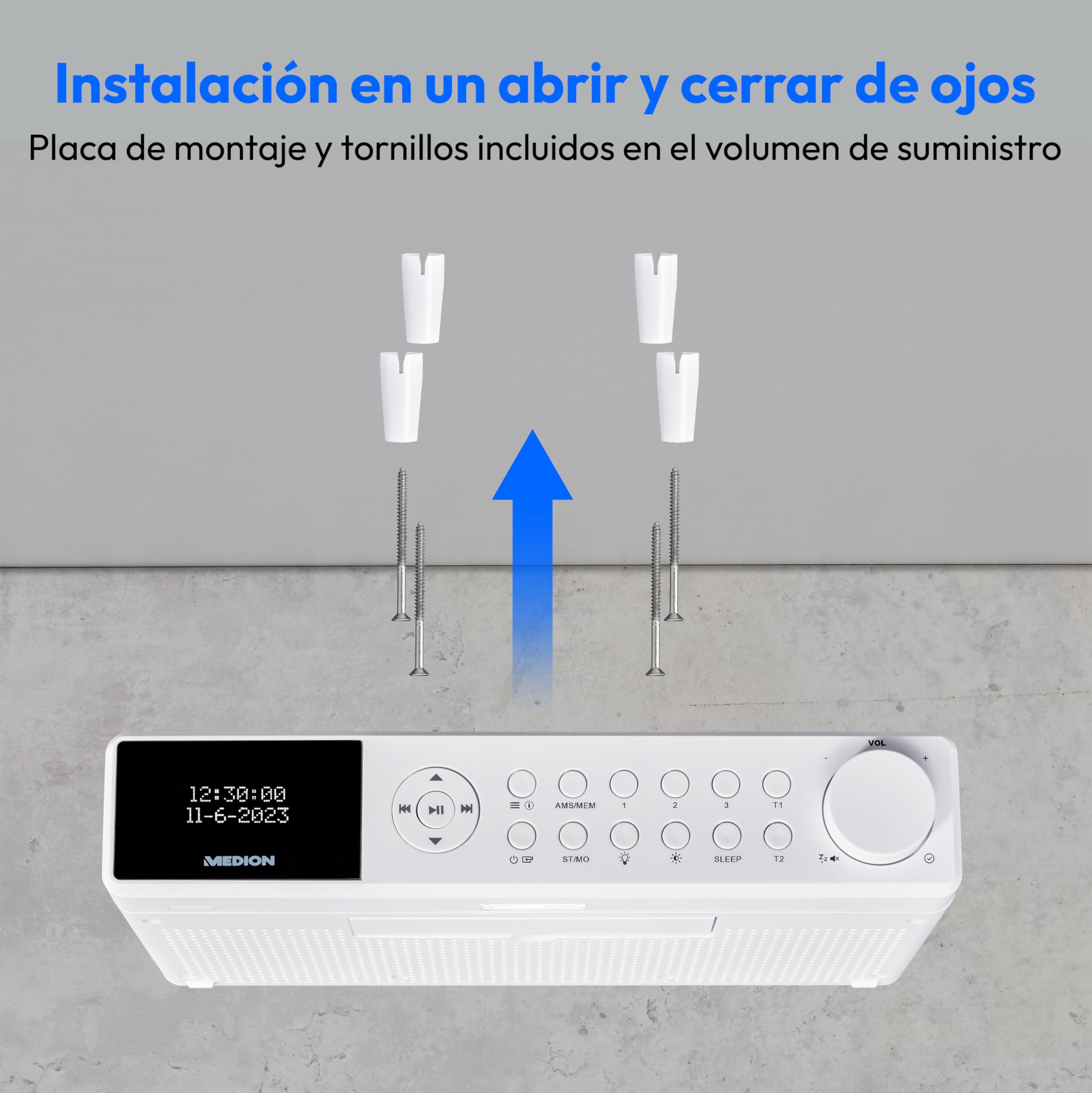 Radio de Cocina para Montaje Empotrado MEDION E6660 (Radio de Cocina Dab+, Radio FM PLL, Bluetooth, Tira de Luces led, Montaje Empotrado, Temporizador de cocción, Pantalla de Reloj) Blanca