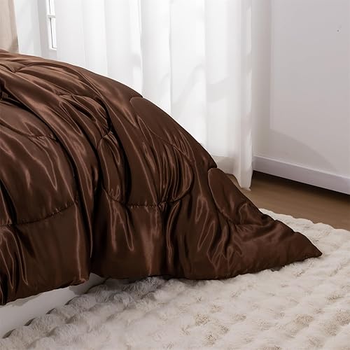 Miniatura 9 de A Nice Night Juego de edredón de satén suave y sedoso, juego de edredón sexy de microfibra súper suave, tamaño matrimonialqueen, ligero (chocolate,