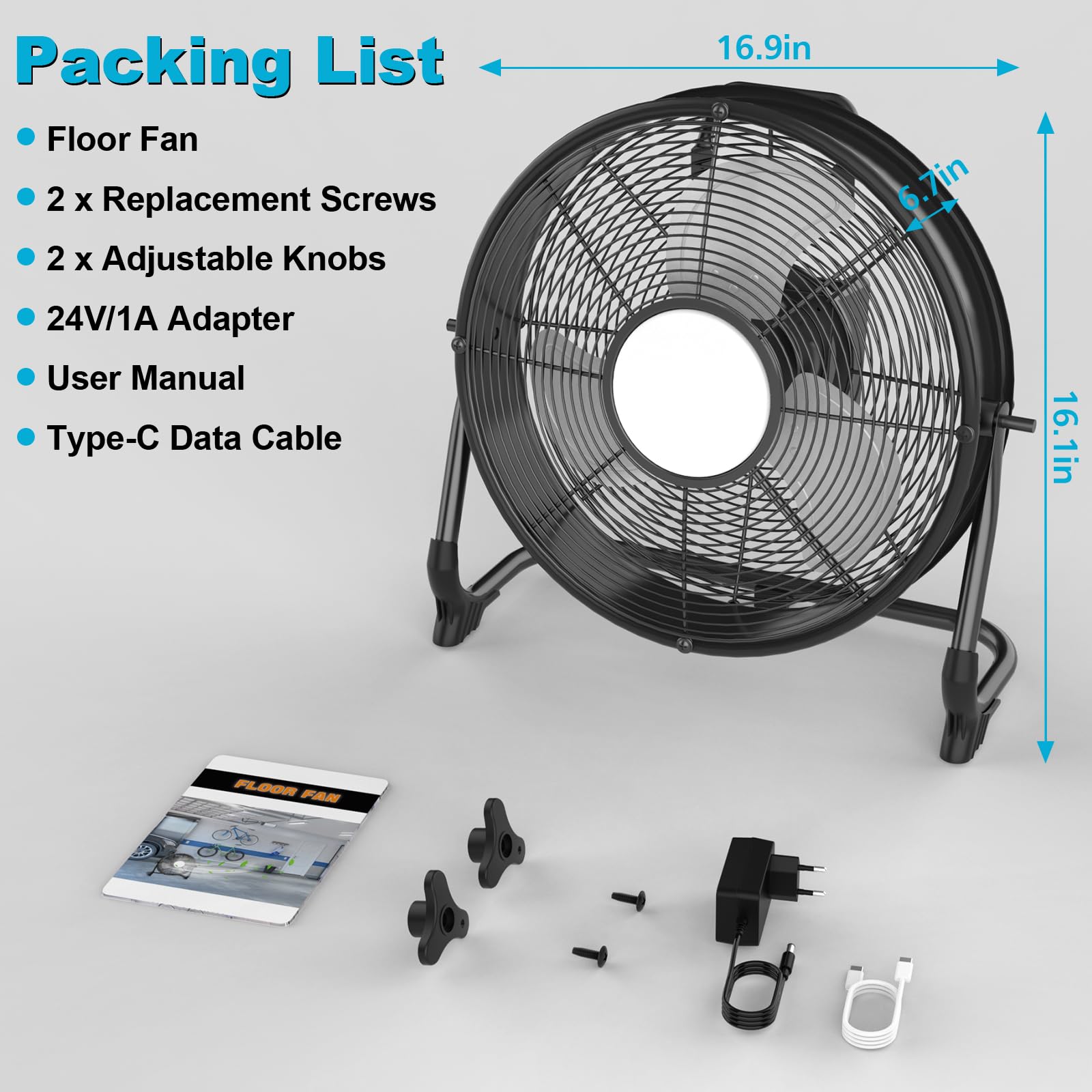 Ventilateur de Sol 30CM Compatible avec 18V Ma-kita/AC-Adaptateur, Réglage Continu des Vitesses/ Silencieux, Ventilateur Sans Fil avec Lampe 8W & USB/Type-C pour Maison/Bureau/Entrepôt(Sans Batterie)