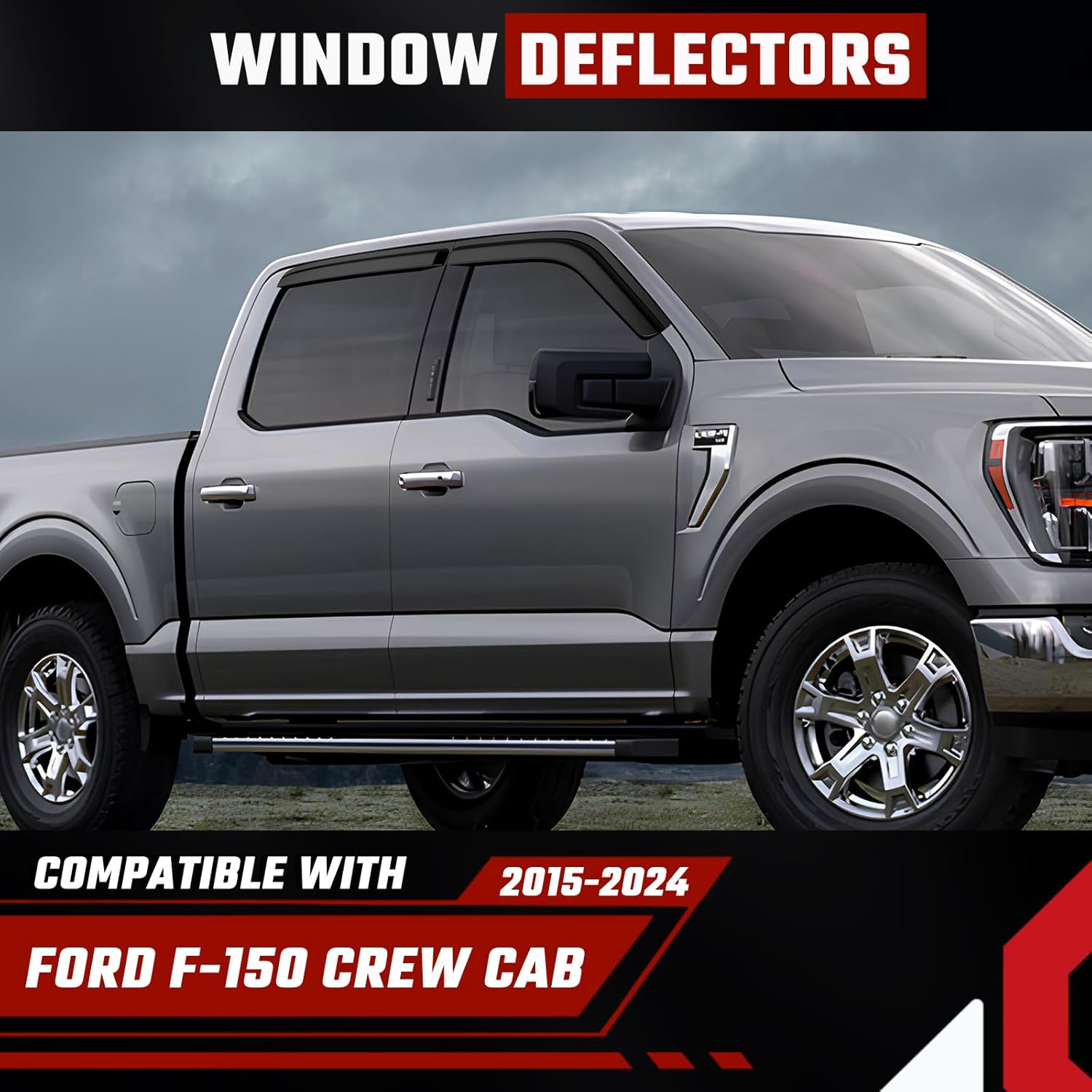 Rain Guards Compatible with Ford F150 SuperCrew 2017 2018 2019 2020 2021 2022 2023 2024 2025, Durable Tape-on Window Deflectors 2017-2025 F150 Trucks Window Rain Guard 4PCS