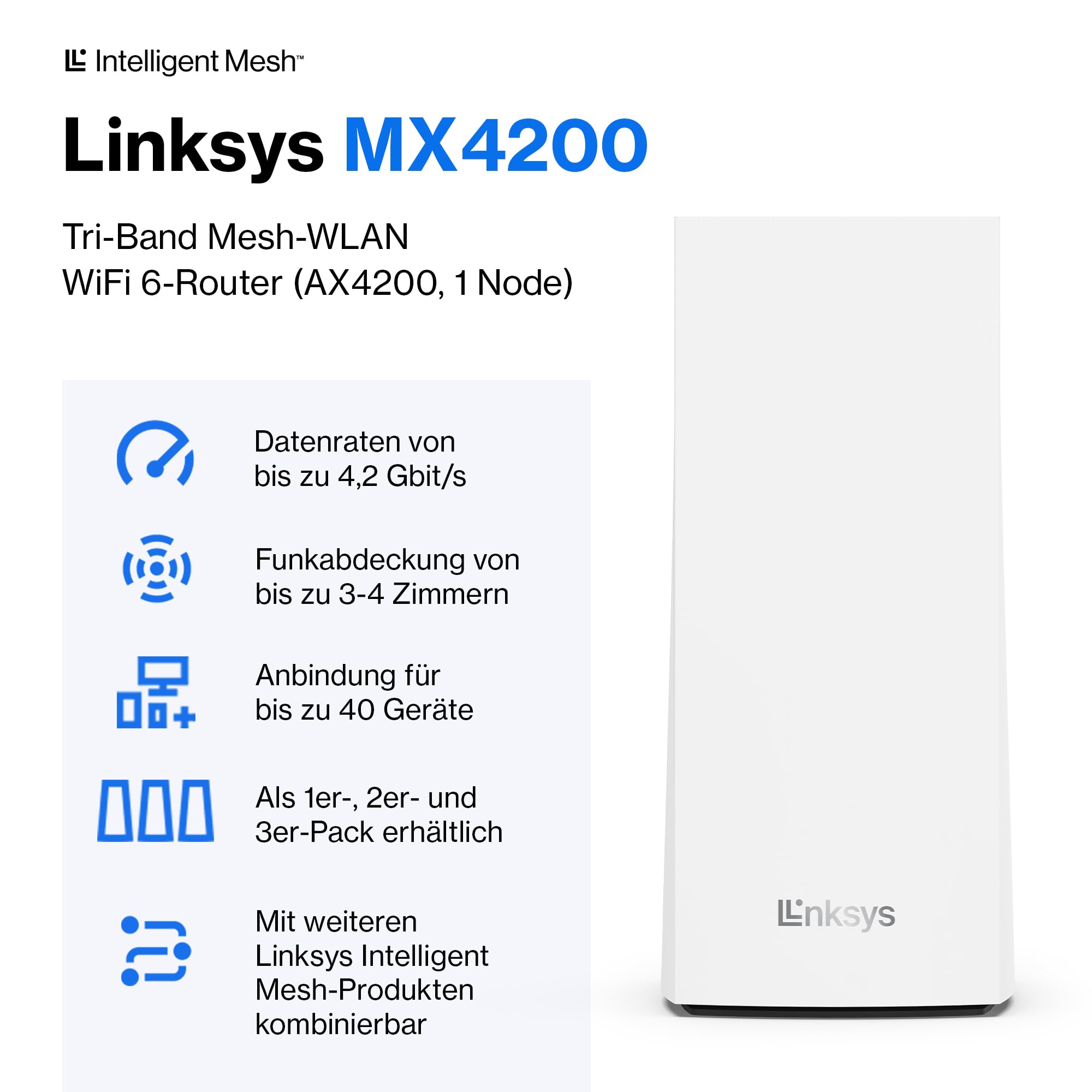 Linksys Velop MX4200 Tri-Band Mesh-WiFi 6-System (AX4200) WLAN-Router mit bis zu 260 m² Funkabdeckung – Bild 2