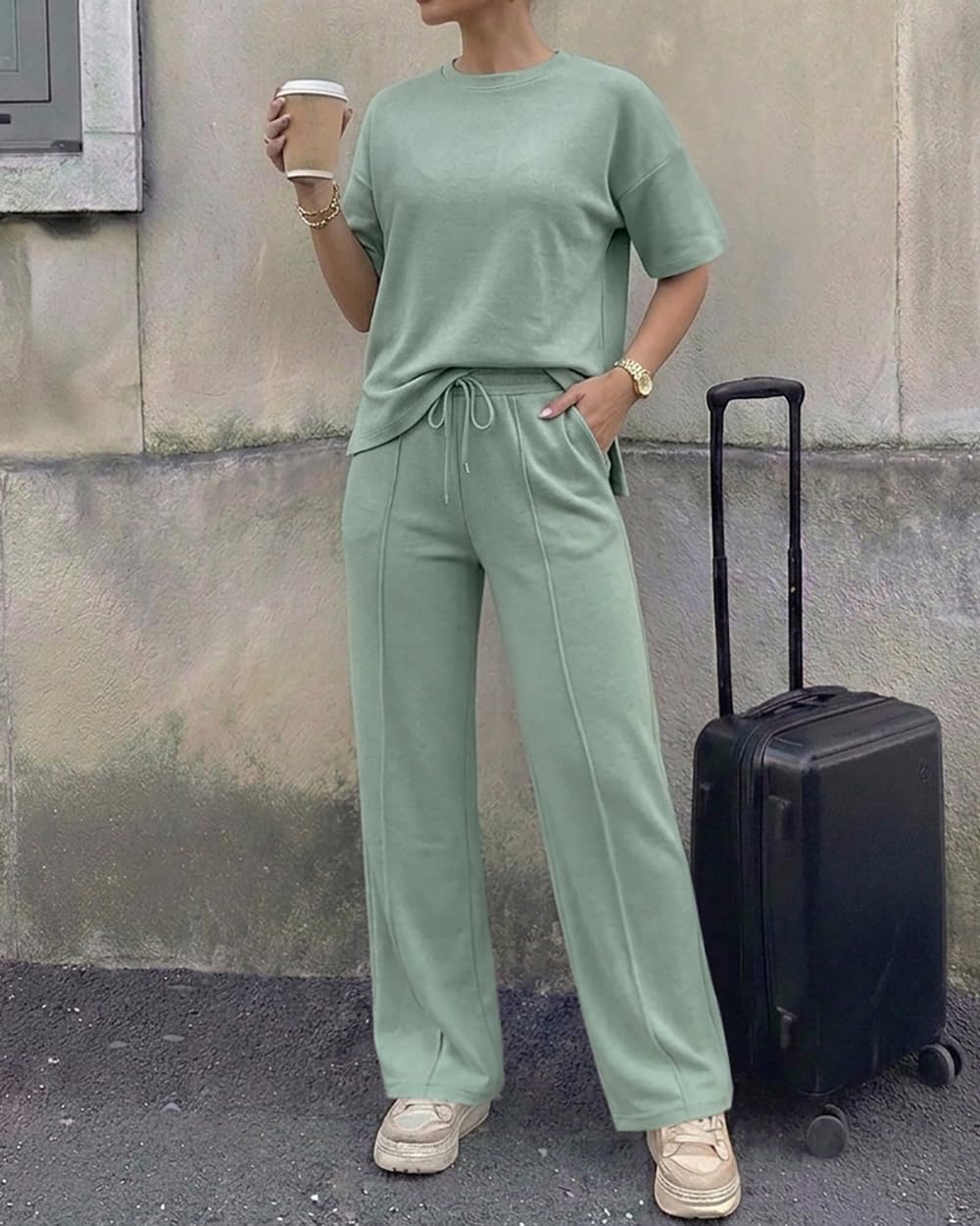 CHICME Women's 2 Piece Outfits Plain Short Sleeve Top and Casual Decoration Drawstring Elastic Waist Wide Leg Pants Set