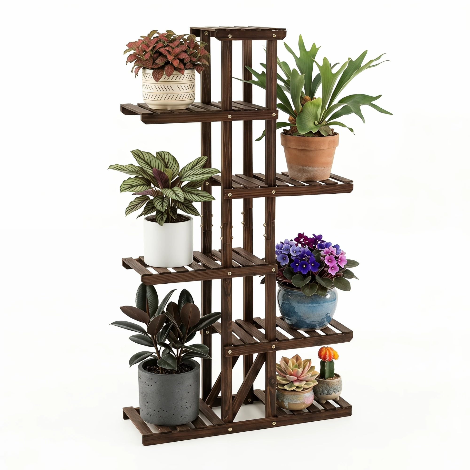 GYMAX Estantería para Macetas de 6 Niveles, Soporte para Plantas de Madera de Abeto con Diseño Listones y Refuerzo Triangular, Escalera de Flores para Jardín, Balcón y Sala de Estar
