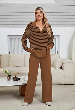 Pink Queen Sweater Sets for Women 2 Piece Long Sleeve Collar V Neck Sweatsuit Knitted Stripe Pajamas