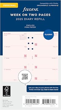 Filofax Calendar Diary Refill, Personal/Compact Size, Week-to-View, Pink Paper, Unruled, English, 2025 C68478-25
