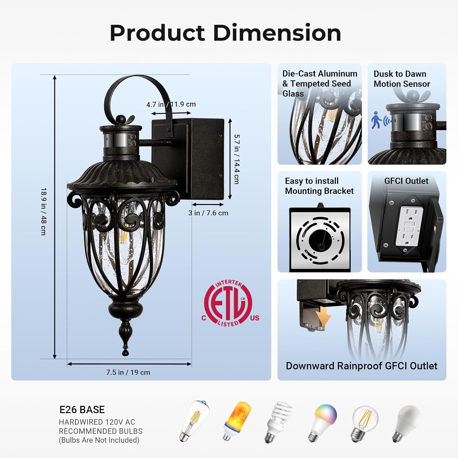 2 Pack Porch Light with GFCI Outlet Distance and Time Adjustable, Bronze Motion Sensor Outdoor Lights for House, Retro Waterproof Exterior Lighting Fixtures for Doorway, Garage, Garden