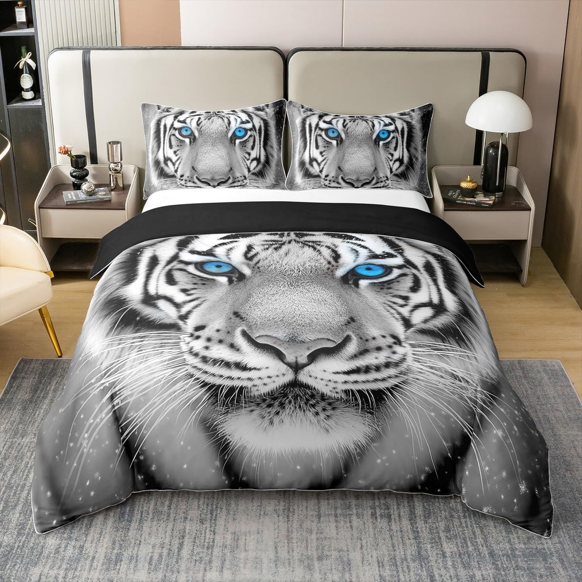 3D Tigre Coton Housse de Couette 220x240,Tigres Blancs Animaux Parure de Lit pour Lit,Chasse Tribale Safari Faune Douce Literie Set pour Enfants Adolescents,Grand Chat Animal Sauvage Couvre Lit