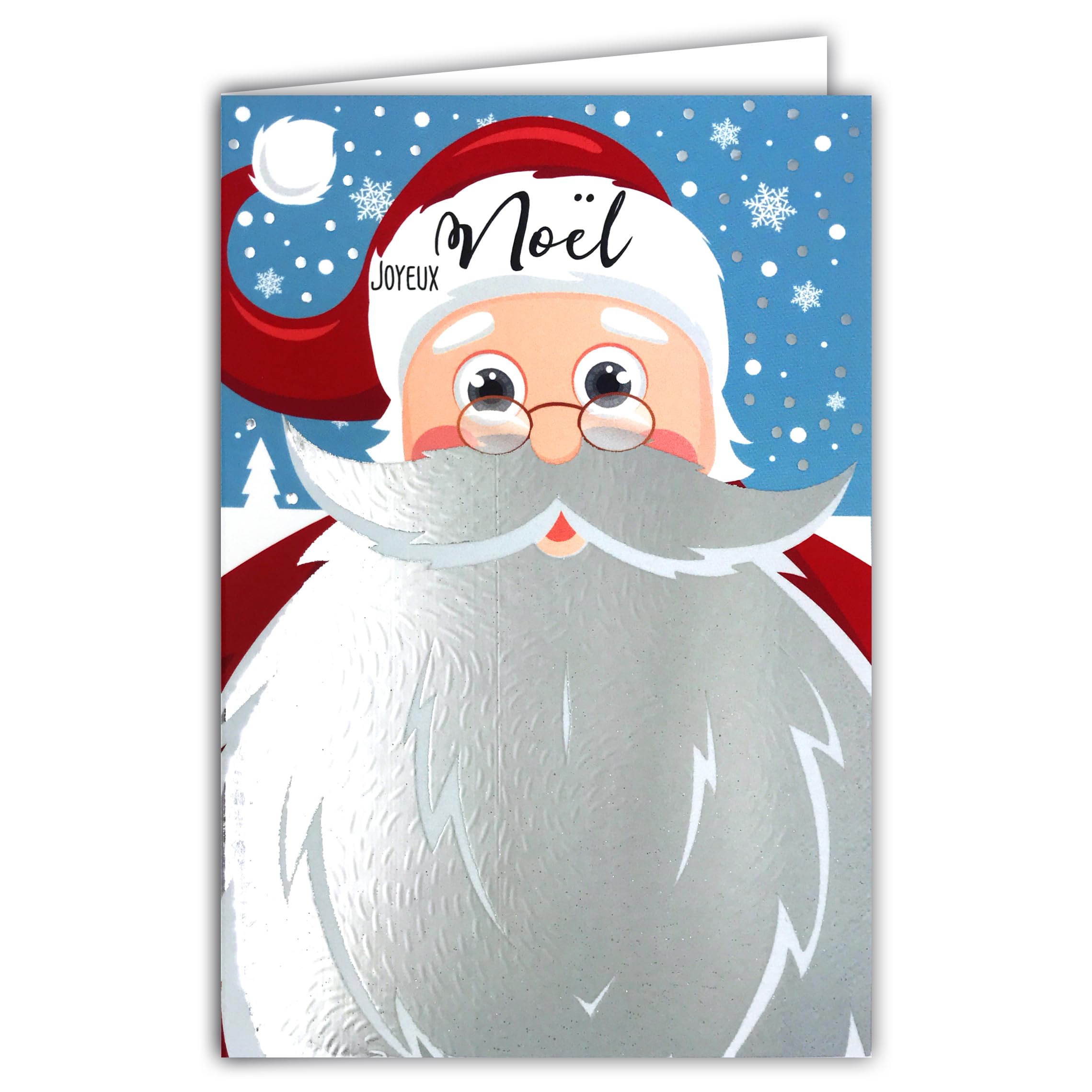 AFIE Merry Christmas Santa Claus Beard Mustache Shiny Silver Card with White Envelope Size 12 x 17.5 cm – Hat Head Portrait Snowflakes Winter Best Wishes End of Year – Made in France